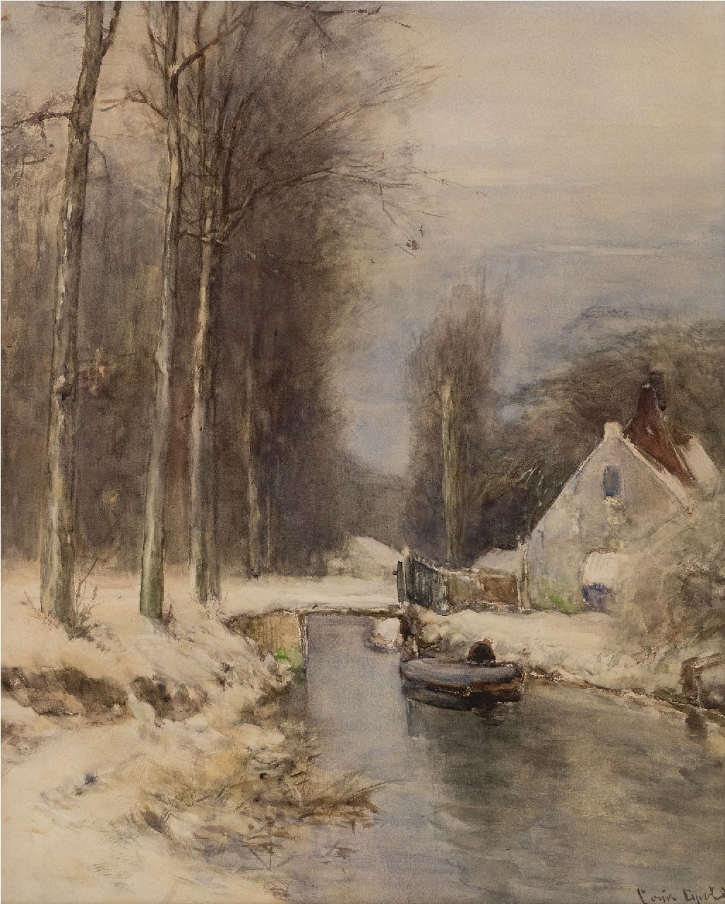 Apol L.F.H.  | Lodewijk Franciscus Hendrik 'Louis' Apol | Aquarellen en tekeningen te koop aangeboden | Huisje aan besneeuwde vaart, gouache op papier 58,0 x 47,0 cm, gesigneerd rechtsonder