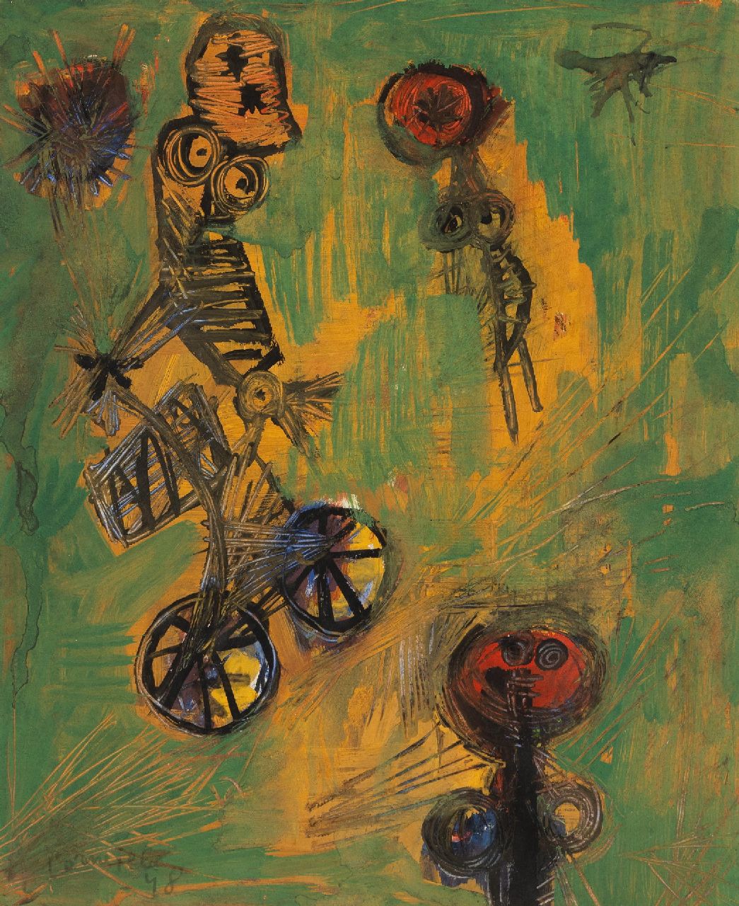 Corneille ('Corneille' Guillaume Beverloo)   | Corneille ('Corneille' Guillaume Beverloo) | Aquarellen en tekeningen te koop aangeboden | Fietsers, inkt, aquarel en gouache op papier 31,0 x 25,0 cm, gesigneerd linksonder en gedateerd '48