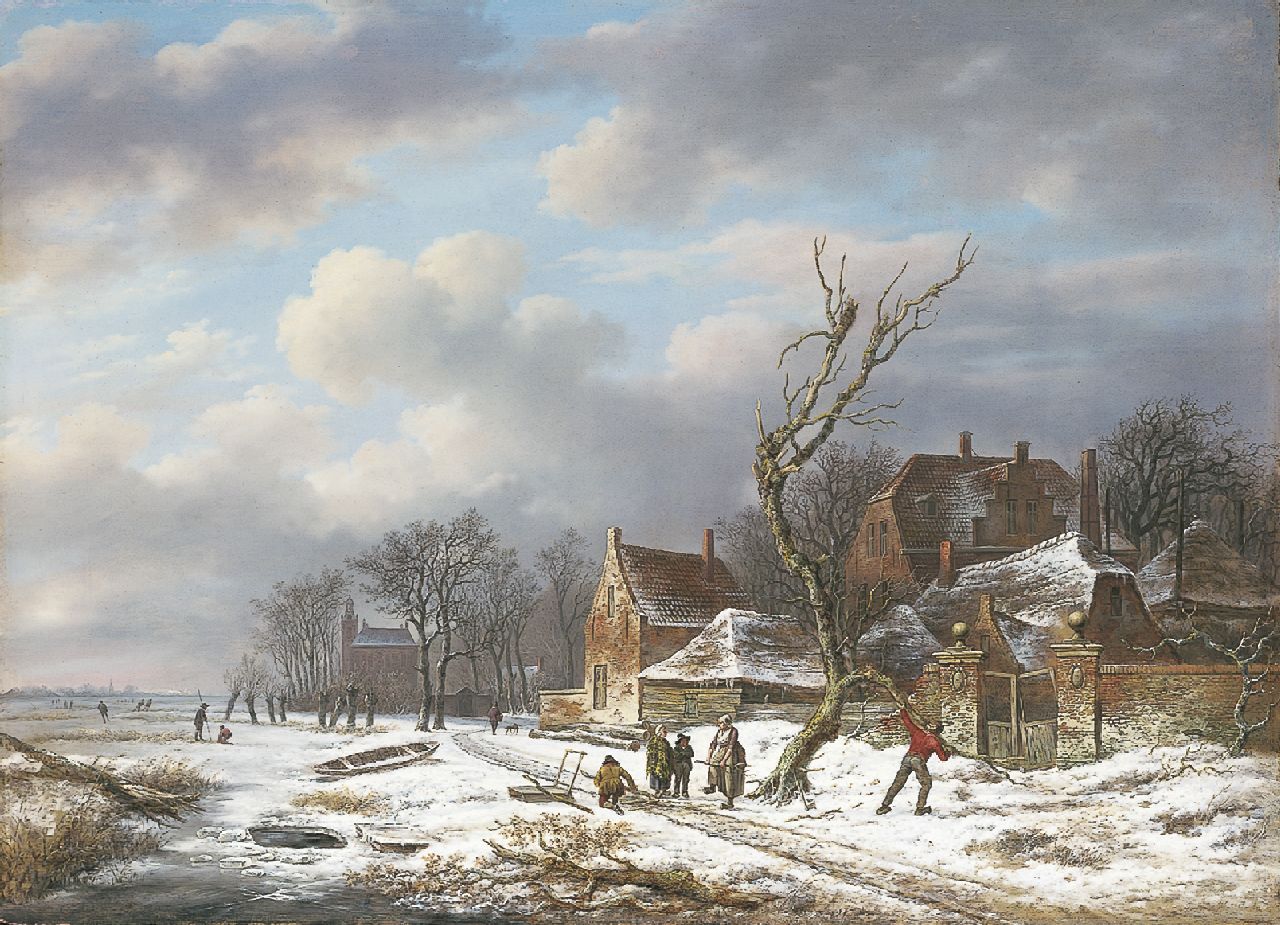 Schelfhout A.  | Andreas Schelfhout, Winterlandschap met houtsprokkelaars, olieverf op paneel 53,0 x 72,6 cm, gesigneerd met resten van signatuur rechtsonder en te dateren ca. 1815