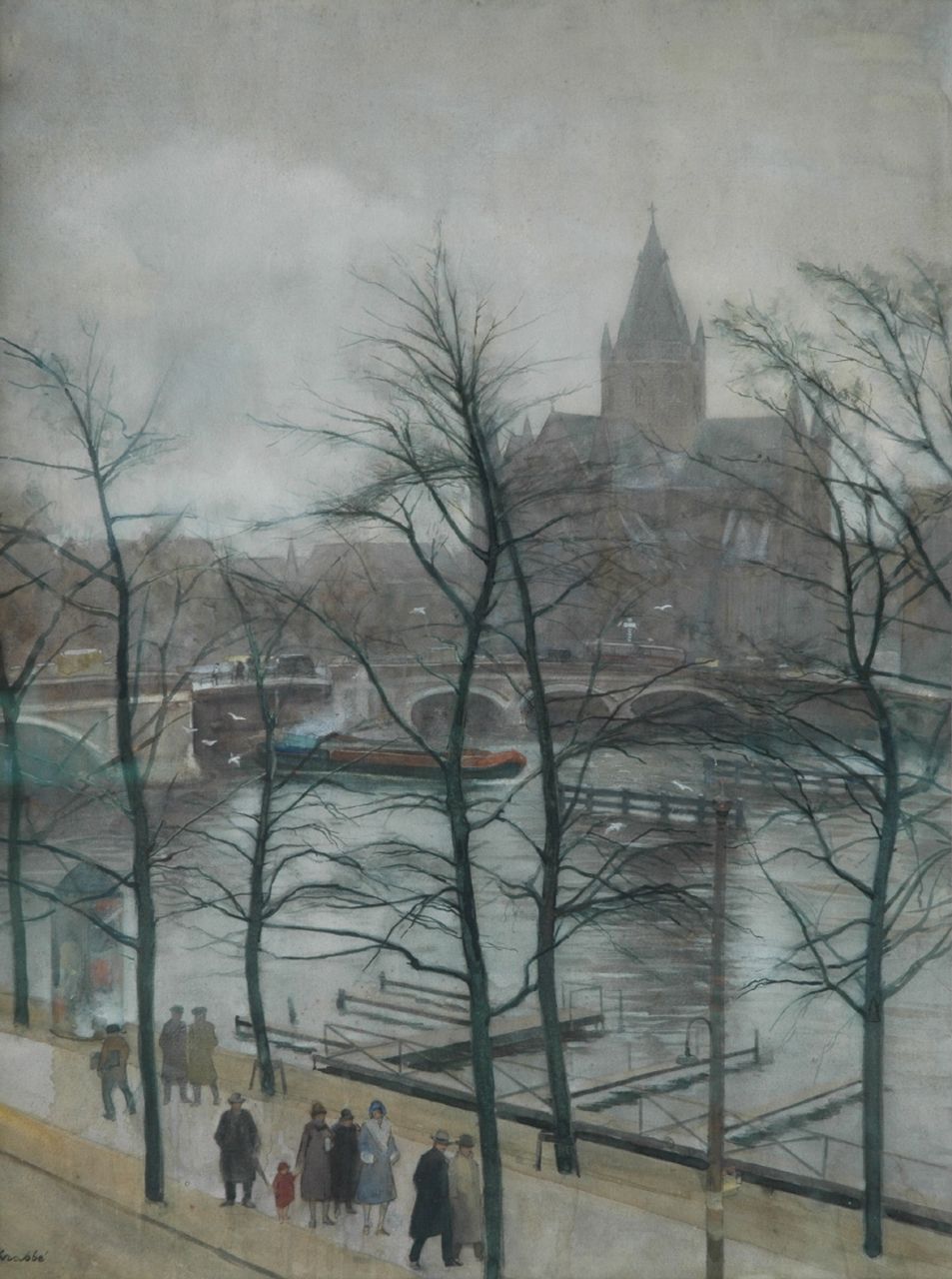 Krabbé H.M.  | Heinrich Martin Krabbé, View of the Amstel, with the St. Willibrord beyond, Amsterdam, Aquarell auf Papier 88,5 x 67,0 cm, signed l.l.