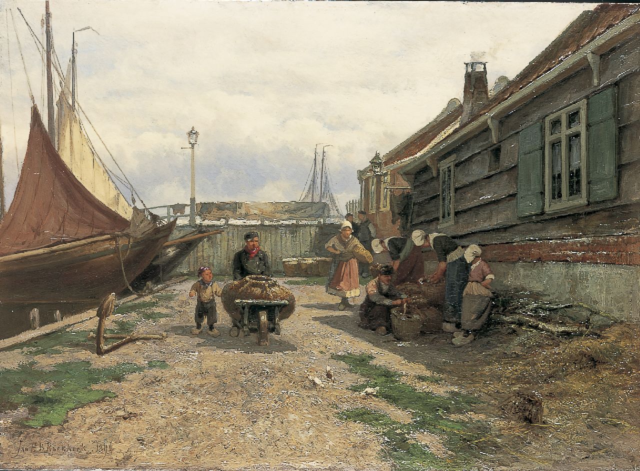 Koekkoek J.H.B.  | Johannes Hermanus Barend 'Jan H.B.' Koekkoek, Haven van Zuiderzeestadje met visverkoopsters, olieverf op paneel 53,2 x 73,0 cm, gesigneerd linksonder en gedateerd 1894