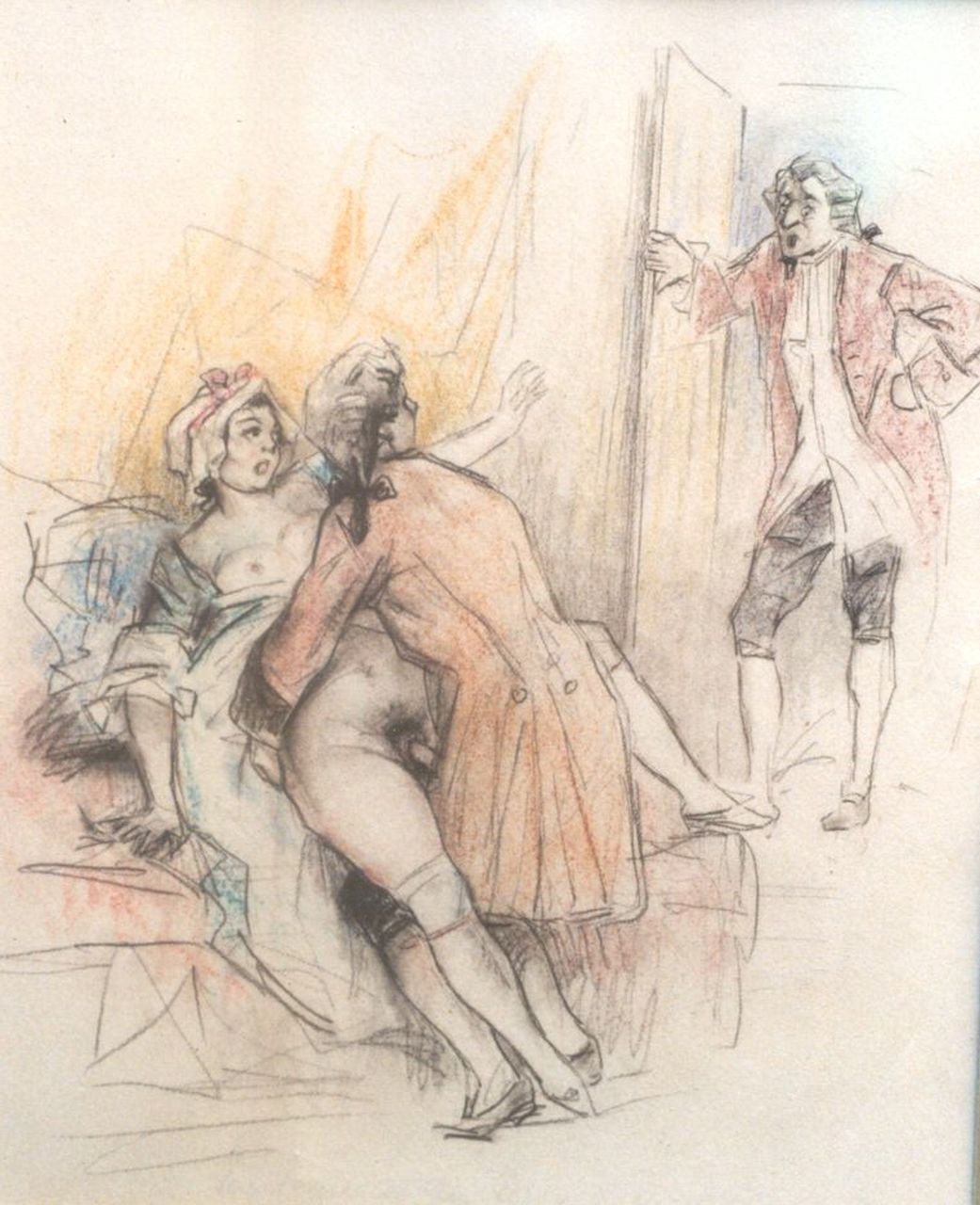 Poulton T.L. | Thomas Leycester 'Tom' Poulton | Aquarellen en tekeningen te koop aangeboden | Vous auriez pu fermer la porte. Si on était rentré! / U had de deur kunnen sluiten. Stel je voor dat hij was teruggekomen!, kleurpotlood op papier 21,5 x 18,0 cm Poulton T.L. | Thomas Leycester 'Tom' Poulton | Aquarellen en tekeningen te koop aangeboden | Vous auriez pu fermer la porte. Si on était rentré! / U had de deur kunnen sluiten. Stel je voor dat hij was teruggekomen!, kleurpotlood op papier 21,5 x 18,0 cm