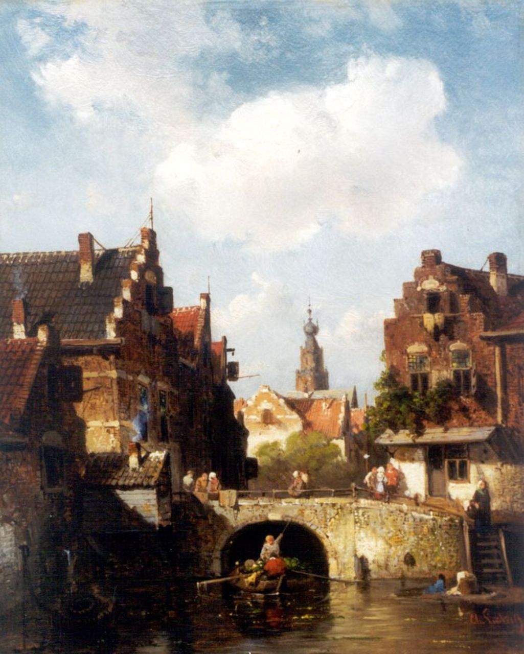 Leickert C.H.J.  | 'Charles' Henri Joseph Leickert, Stadsgezicht met een groentenschuit op een gracht, olieverf op paneel 28,0 x 21,7 cm, gesigneerd rechtsonder