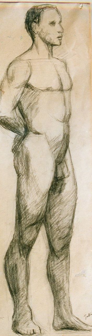 Onbekend 20e eeuw (1e helft)  | Onbekend | Aquarellen en tekeningen te koop aangeboden | Naaktstudie van staande man, houtskool en krijt op papier 52,0 x 31,0 cm, gesigneerd rechtsonder 'Tobiasse'