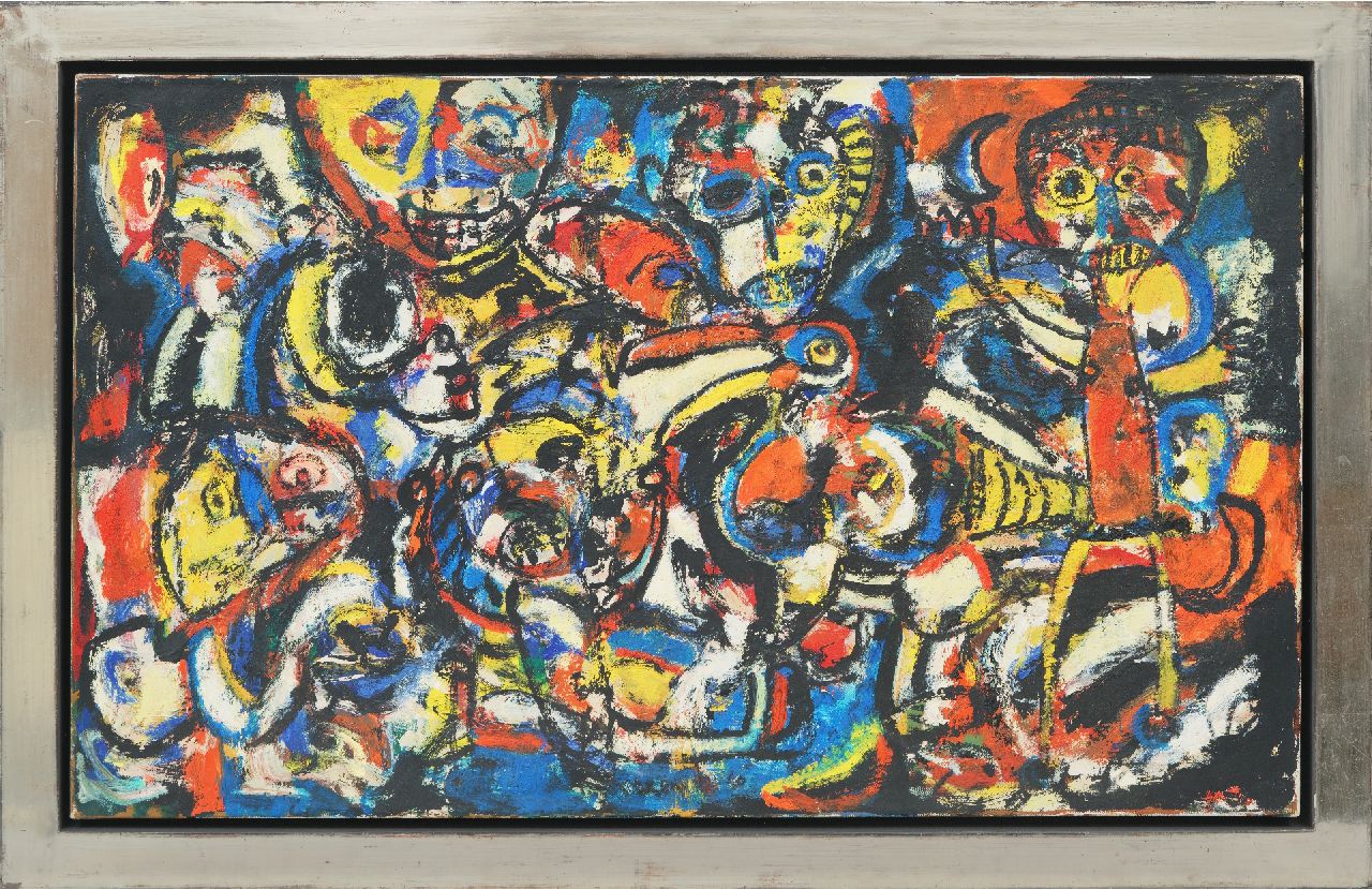 Romijn G.A.M. | Gustavus Adrianus Maria 'Gust' Romijn | Schilderijen te koop aangeboden | Compositie met figuren en dieren, olieverf op doek 60,2 x 99,8 cm, gesigneerd middenonder en 1950 Romijn G.A.M. | Gustavus Adrianus Maria 'Gust' Romijn | Schilderijen te koop aangeboden | Compositie met figuren en dieren, olieverf op doek 60,2 x 99,8 cm, gesigneerd middenonder en 1950