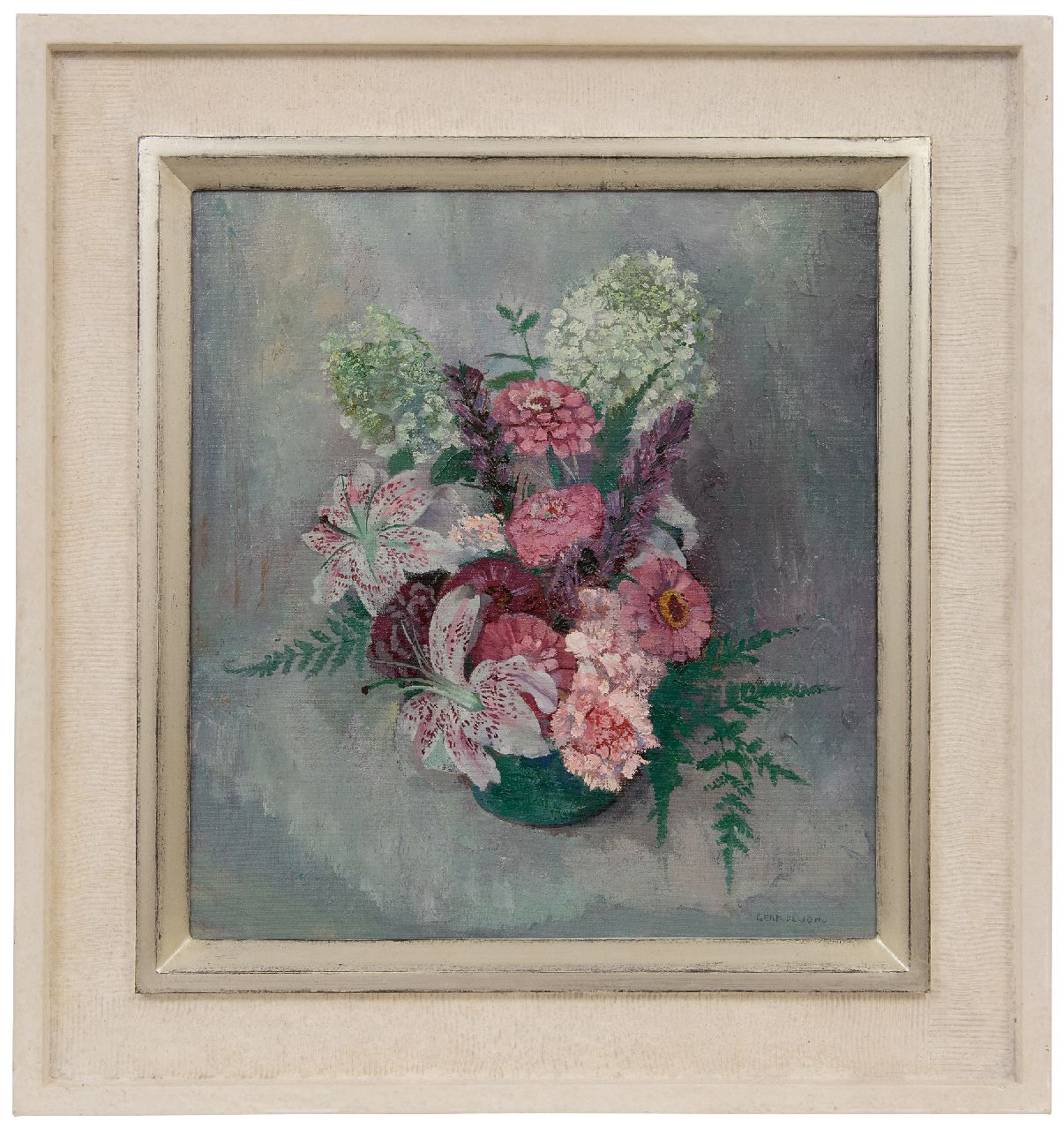 Jong G. de | Gerben 'Germ' de Jong | Schilderijen te koop aangeboden | Bloemstilleven met zinnia's en lelies, olieverf op doek 46,2 x 42,3 cm, gesigneerd rechtsonder