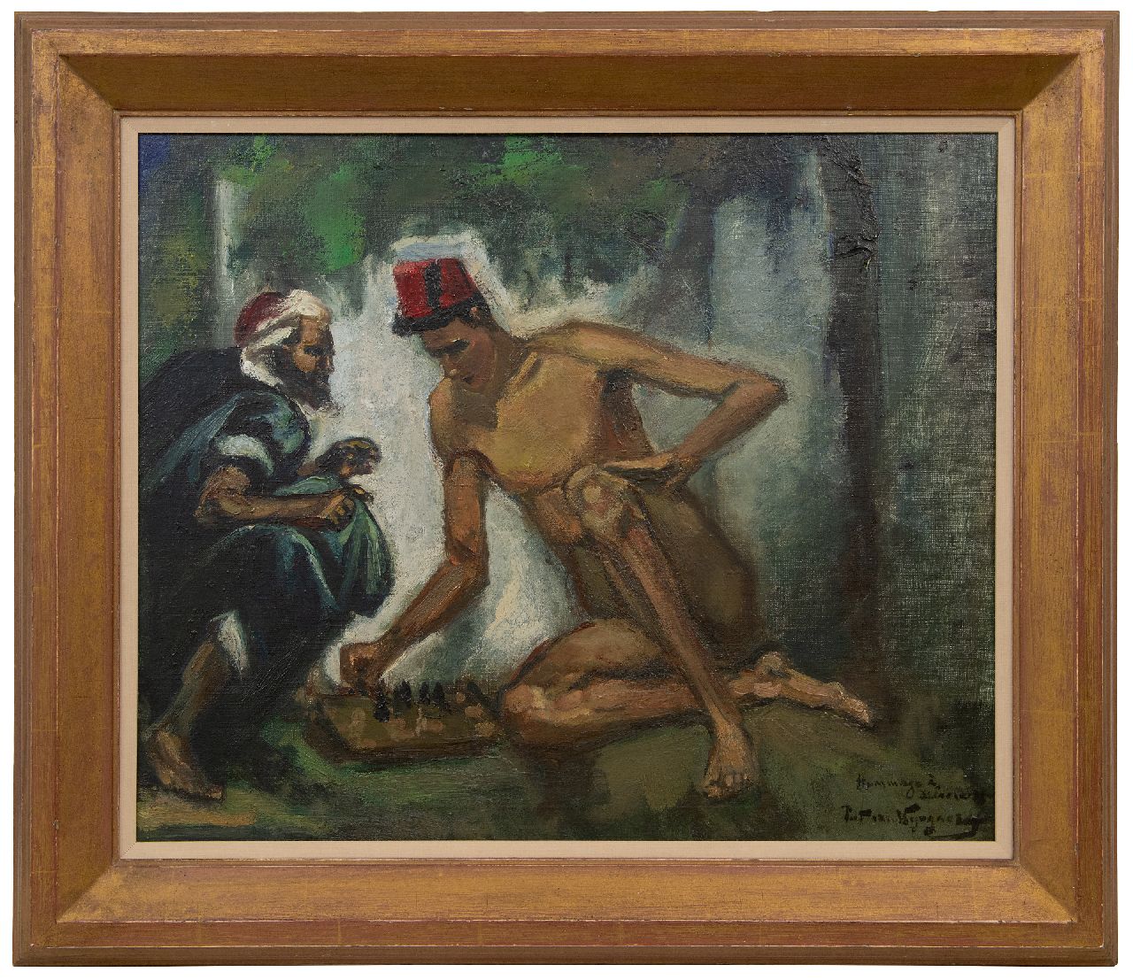 Wijngaerdt P.T. van | Petrus Theodorus 'Piet' van Wijngaerdt | Schilderijen te koop aangeboden | Hommage à Delacroix een schaakpartij, olieverf op doek 50,2 x 60,3 cm, gesigneerd rechtsonder en verso