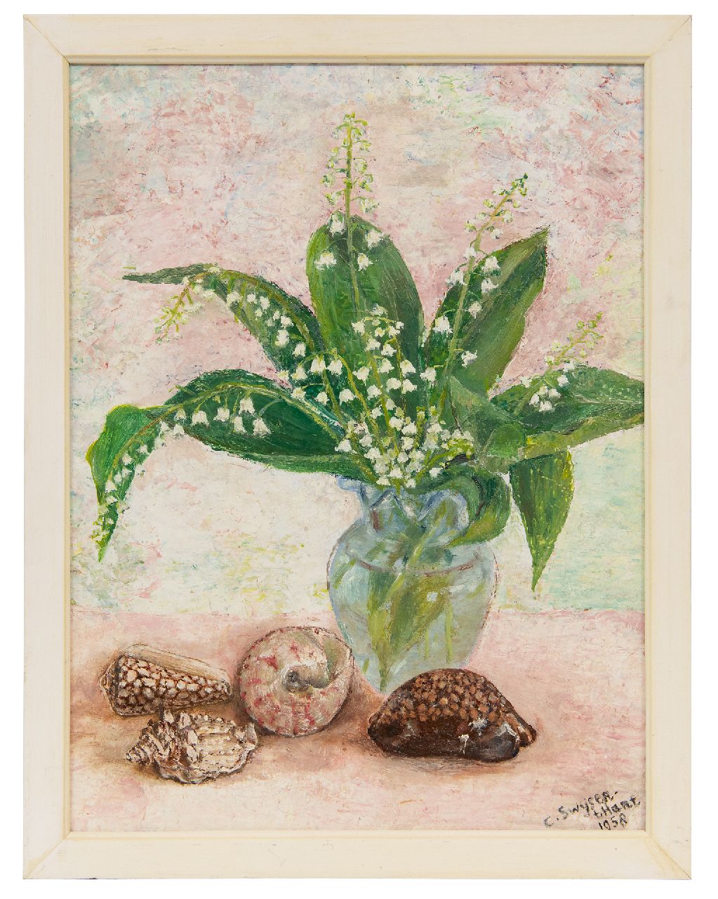 Swijser-'t Hart C.C.M.  | Catharina 'Christina' Maria Swijser-'t Hart | Schilderijen te koop aangeboden | Stilleven met meiklokjes, olieverf op board 37,5 cm, gesigneerd rechtsonder en gedateerd 1958