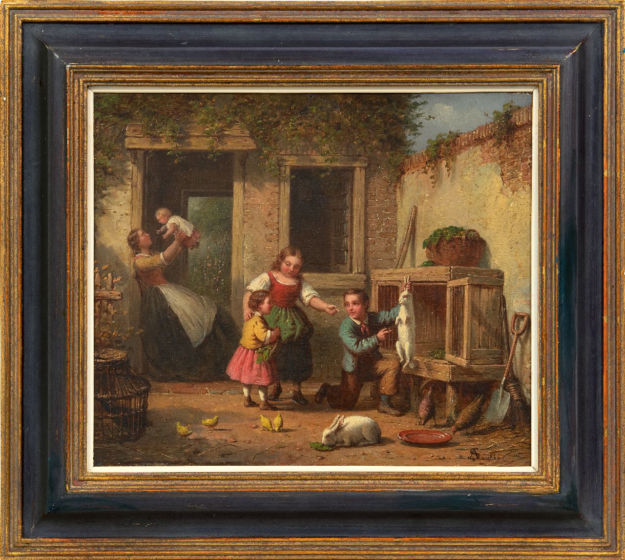 Scheerboom A. | Andries Scheerboom | Schilderijen te koop aangeboden | Spelen met het konijn, olieverf op doek 25,8 x 30,8 cm, gesigneerd rechtsonder met monogram en gedateerd 1866 Scheerboom A. | Andries Scheerboom | Schilderijen te koop aangeboden | Spelen met het konijn, olieverf op doek 25,8 x 30,8 cm, gesigneerd rechtsonder met monogram en gedateerd 1866