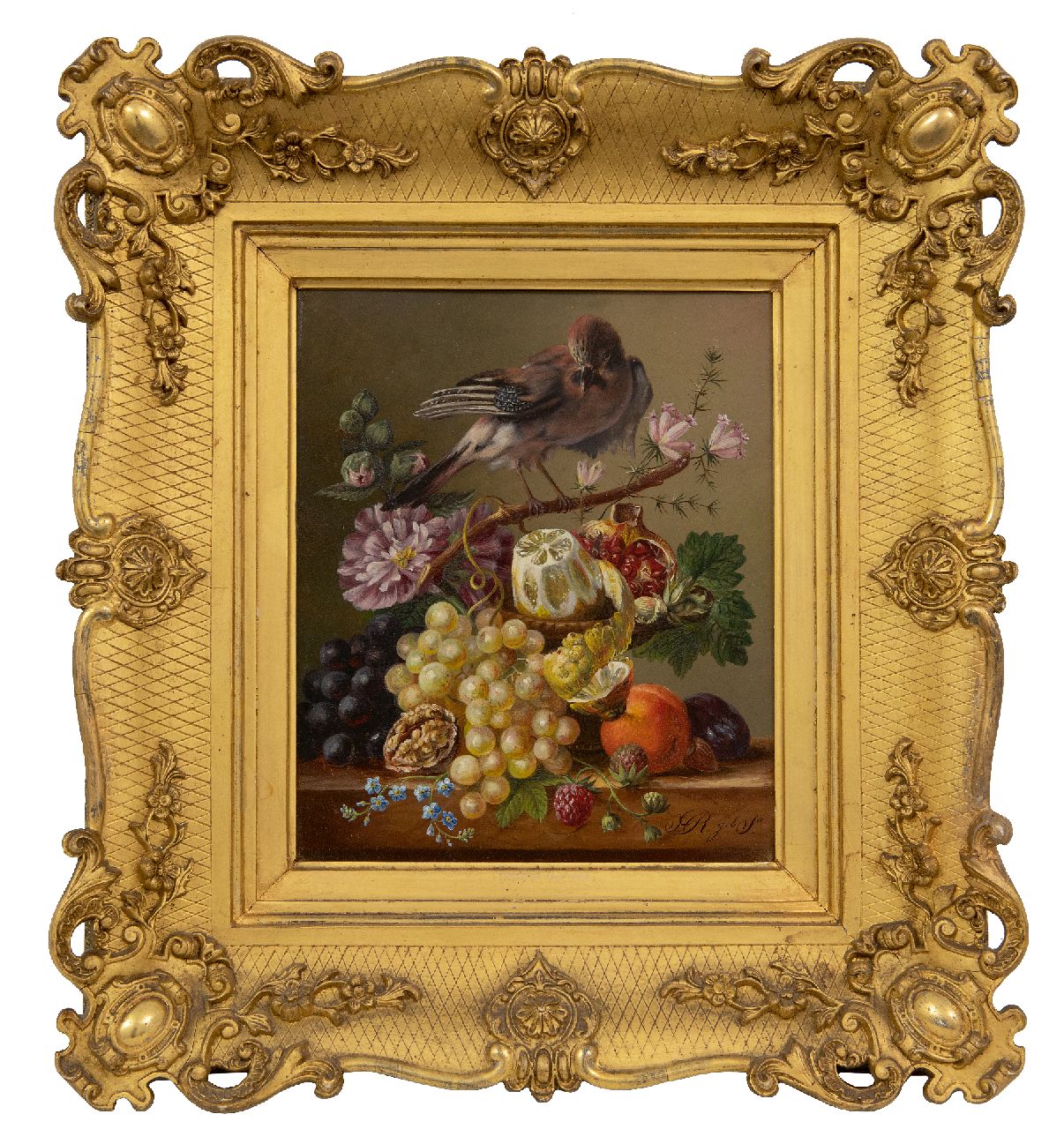 Onbekend | Onbekend | Schilderijen te koop aangeboden | Stilleven met vruchten en Vlaamse Gaai op een tak, olieverf op paneel 21,5 x 18,0 cm, gesigneerd rechtsonder 'H R geboren S' Onbekend | Onbekend | Schilderijen te koop aangeboden | Stilleven met vruchten en Vlaamse Gaai op een tak, olieverf op paneel 21,5 x 18,0 cm, gesigneerd rechtsonder 'H R geboren S'