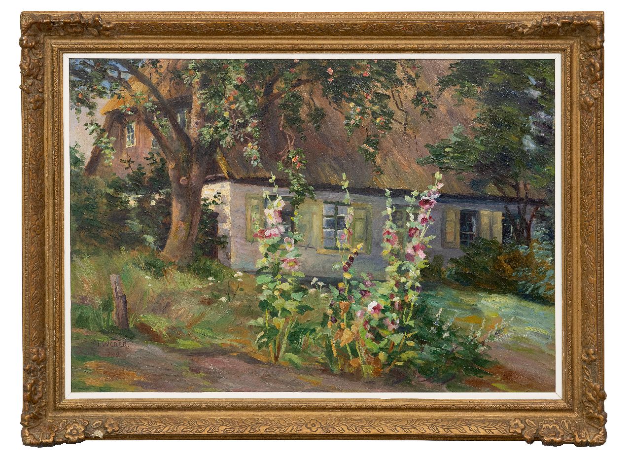Weber M. | Marie Weber | Schilderijen te koop aangeboden | Stokrozen bij een boerderij, olieverf op board 34,8 x 49,8 cm, gesigneerd linksonder en verso met stempel op etiket en gedateerd 1919 Weber M. | Marie Weber | Schilderijen te koop aangeboden | Stokrozen bij een boerderij, olieverf op board 34,8 x 49,8 cm, gesigneerd linksonder en verso met stempel op etiket en gedateerd 1919