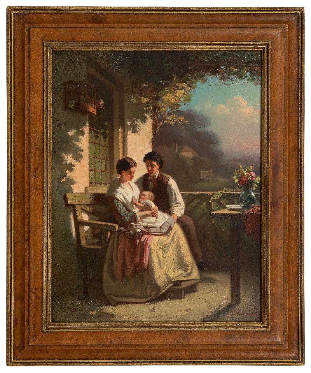 Onderberg P.J.  | Pieter Jan Onderberg | Schilderijen te koop aangeboden | Jong gezin op een waranda, olieverf op paneel 42,0 x 33,1 cm, gesigneerd rechtsonder