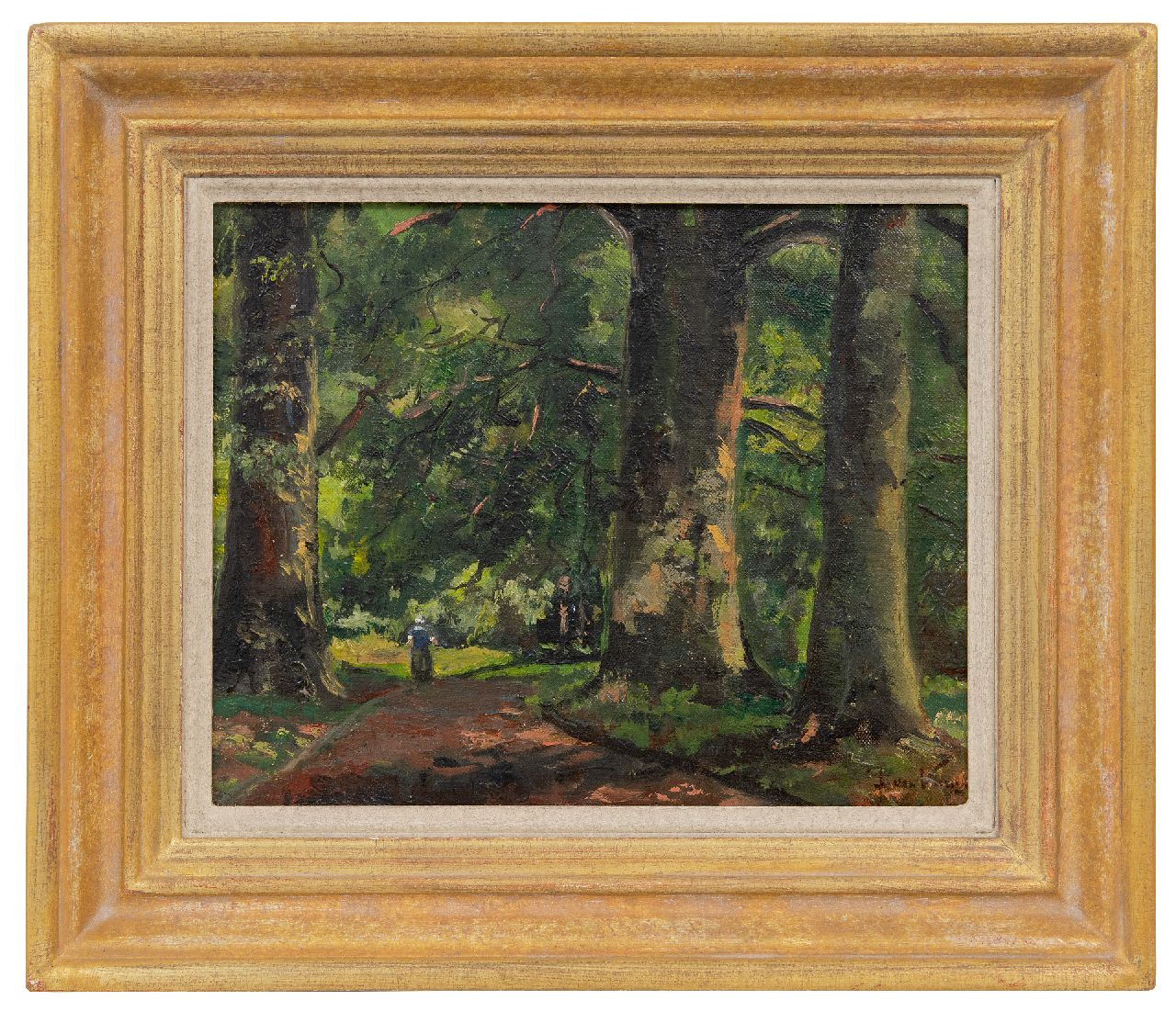 Vuuren J. van | Jan van Vuuren, Veluws vrouwtje op een bospad, olieverf op doek op paneel 24,0 x 30,0 cm, gesigneerd rechtsonder Vuuren J. van | Jan van Vuuren, Veluws vrouwtje op een bospad, olieverf op doek op paneel 24,0 x 30,0 cm, gesigneerd rechtsonder