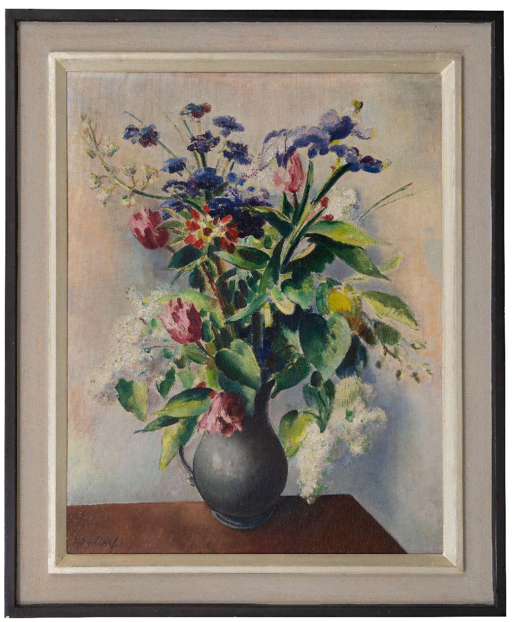 Schwarz S.  | Samuel 'Mommie' Schwarz | Schilderijen te koop aangeboden | Zomerbloemen; verso: Meisje met speelgoedhond, olieverf op doek 82,7 x 64,8 cm, gesigneerd linksonder