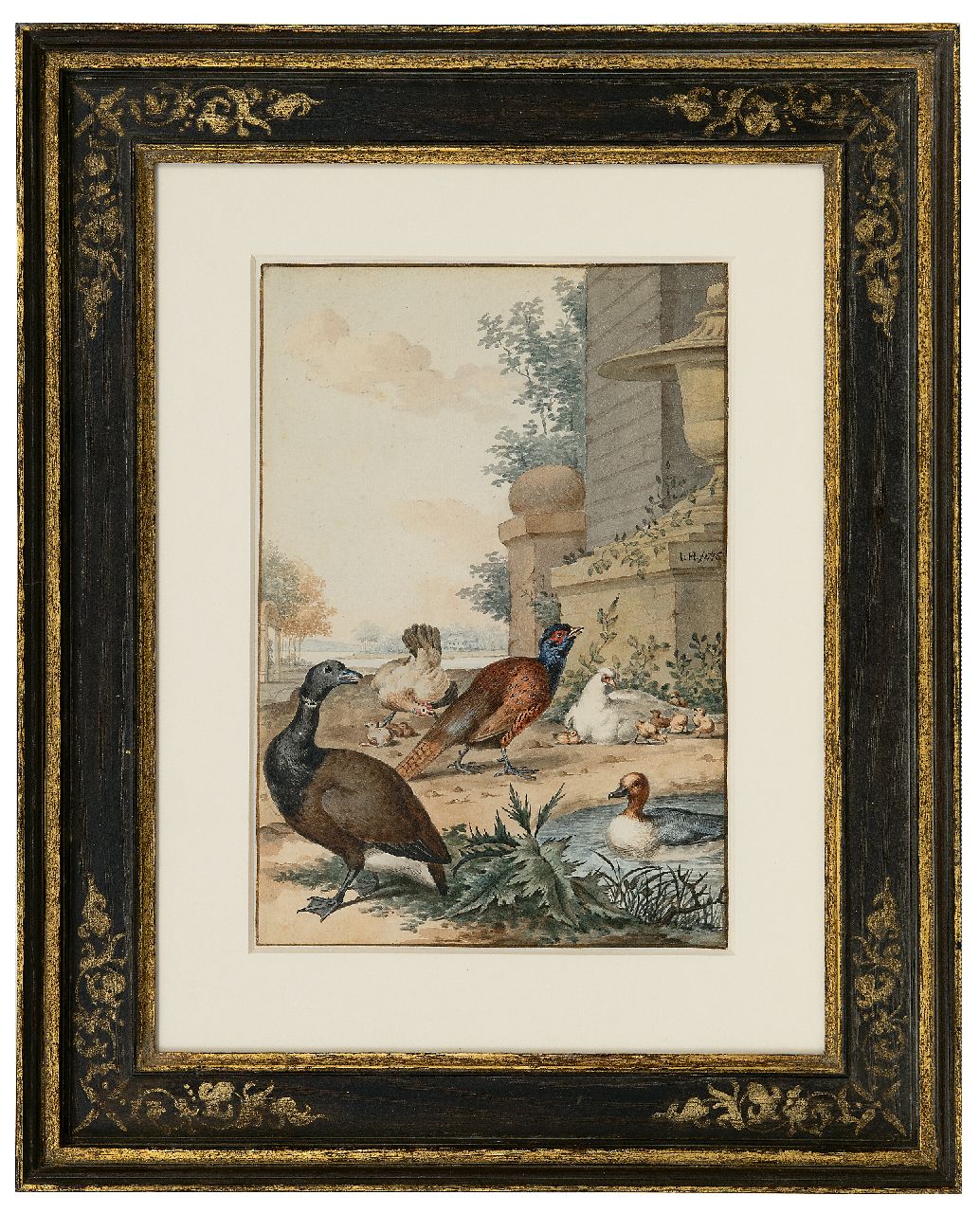 Heenck J.  | Jabez Heenck | Aquarellen en tekeningen te koop aangeboden | Een Tafeleend en andere vogels in een parklandschap, aquarel op papier 26,5 x 18,1 cm, gesigneerd rechts van het midden met monogram en gedateerd 1776