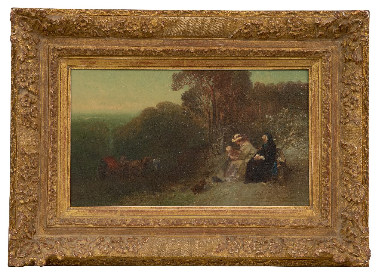 Rochussen Ch. | Charles Rochussen | Schilderijen te koop aangeboden | Bezoek aan uitzichtpunt nabij het Loo: Helena van Nassau, haar dochter Emma en haar kleindochter koningin WIlhelmina, olieverf op doek 19,7 x 33,6 cm, gesigneerd rechtsonder met monogram en gedateerd '81 Rochussen Ch. | Charles Rochussen | Schilderijen te koop aangeboden | Bezoek aan uitzichtpunt nabij het Loo: Helena van Nassau, haar dochter Emma en haar kleindochter koningin WIlhelmina, olieverf op doek 19,7 x 33,6 cm, gesigneerd rechtsonder met monogram en gedateerd '81