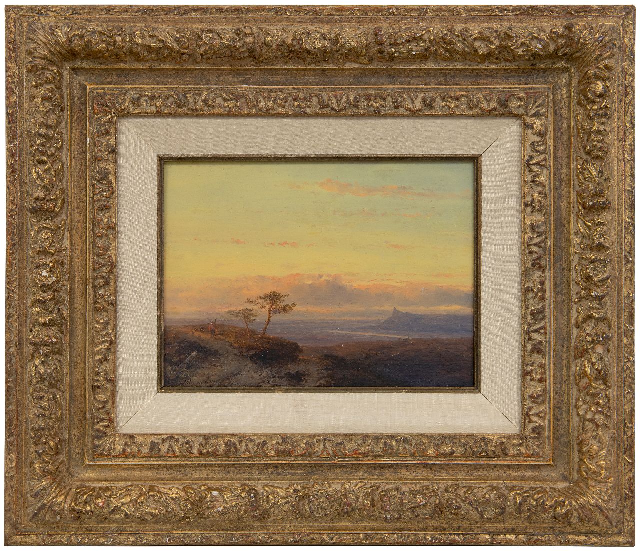 Hoppenbrouwers J.F. | Johannes Franciscus Hoppenbrouwers | Schilderijen te koop aangeboden | Riviervallei bij zonsondergang, olieverf op paneel 16,2 x 22,3 cm, gesigneerd linksonder en gedateerd '41, geen lijst Hoppenbrouwers J.F. | Johannes Franciscus Hoppenbrouwers | Schilderijen te koop aangeboden | Riviervallei bij zonsondergang, olieverf op paneel 16,2 x 22,3 cm, gesigneerd linksonder en gedateerd '41, geen lijst