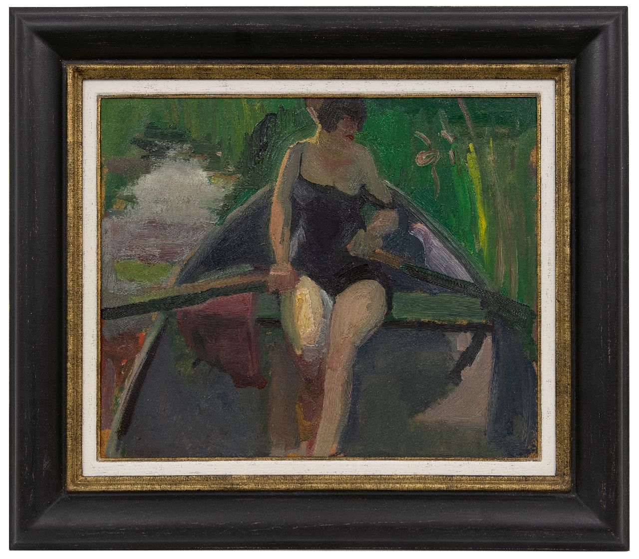 Kuijten H.J. | Henricus Johannes 'Harrie' Kuijten, De vrouw van de kunstenaar, Leni, roeiend op een zomerdag, olieverf op board op paneel 37,9 x 45,8 cm, gesigneerd linksonder en te dateren ca. 1928 Kuijten H.J. | Henricus Johannes 'Harrie' Kuijten, De vrouw van de kunstenaar, Leni, roeiend op een zomerdag, olieverf op board op paneel 37,9 x 45,8 cm, gesigneerd linksonder en te dateren ca. 1928