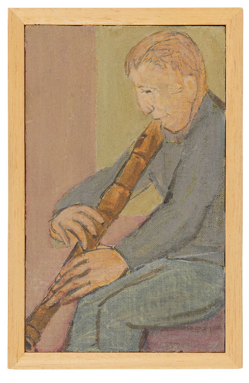 Onbekend   | Onbekend | Schilderijen te koop aangeboden | Blokfluitspeler, olieverf op doek op board 17,9 x 11,0 cm