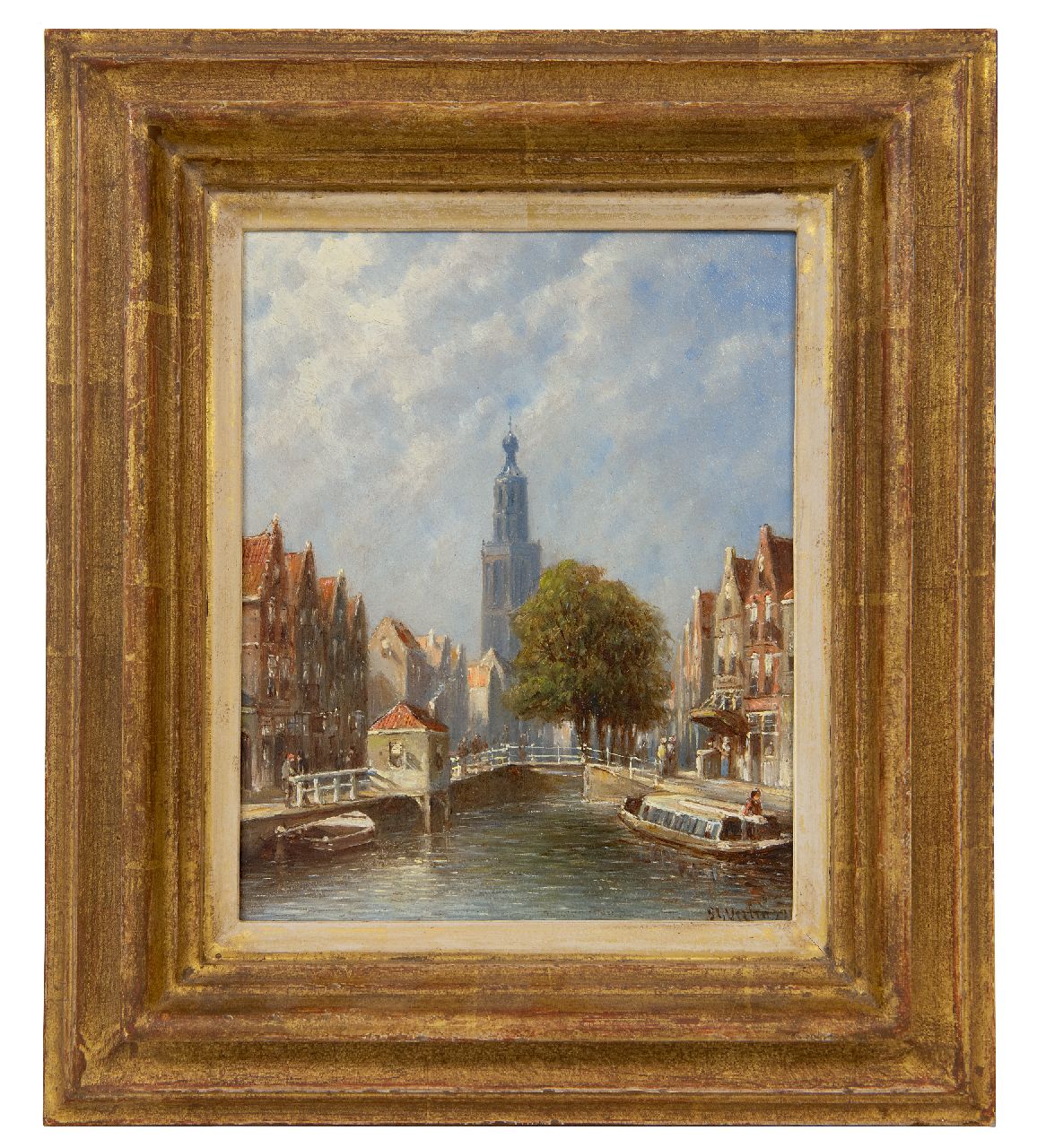 Vertin P.G.  | Petrus Gerardus Vertin, Zomers stadsgezicht met de toren van de Goudse Sint-Janskerk, olieverf op paneel 20,2 x 16,0 cm, gesigneerd rechtsonder en gedateerd '93