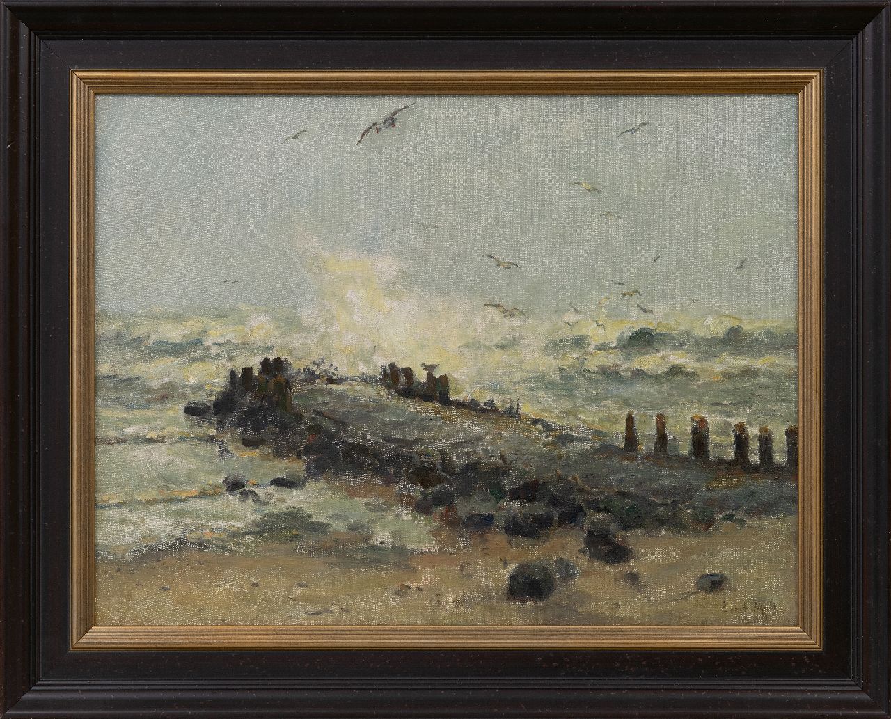 Moll E.  | Evert Moll | Gemälde zum Verkauf angeboten | Wellenbrechter im Sturm, Öl auf Leinwand 39,0 x 51,4 cm, Unterzeichnet u.r. und ohne Rahmen