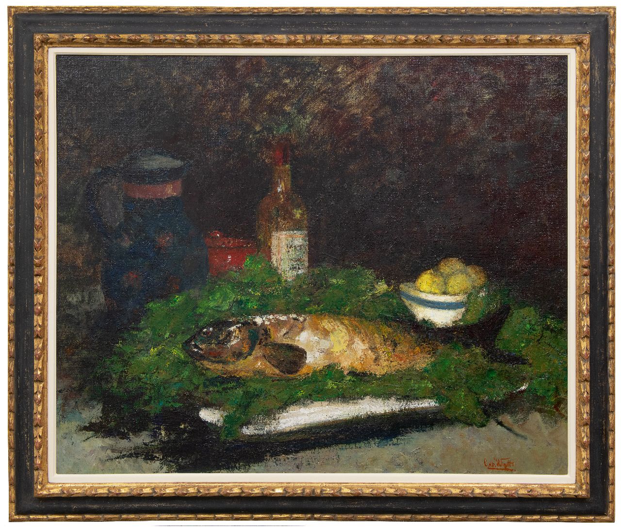 Windt Ch. van der | Christophe 'Chris' van der Windt | Schilderijen te koop aangeboden | Stilleven van een vis, wijnfles en fruitschaal, olieverf op doek 71,3 x 86,0 cm, gesigneerd rechtsonder Windt Ch. van der | Christophe 'Chris' van der Windt | Schilderijen te koop aangeboden | Stilleven van een vis, wijnfles en fruitschaal, olieverf op doek 71,3 x 86,0 cm, gesigneerd rechtsonder