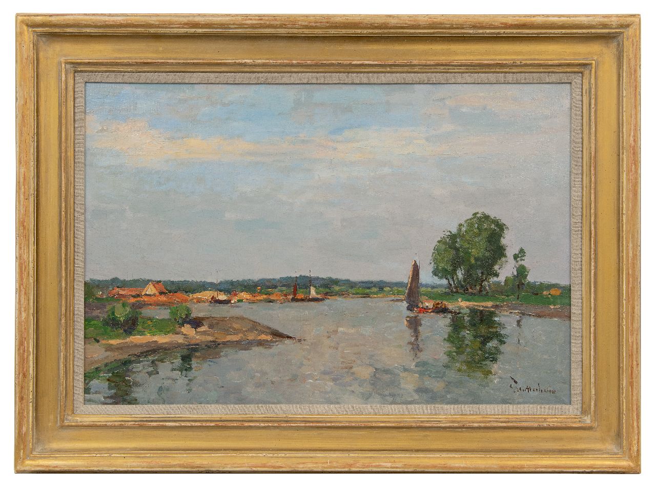 Stutterheim L.P. | Lodewijk Philippus 'Louis' Stutterheim, Rivierlandschap met zeilende aak, olieverf op doek 40,5 x 60,5 cm, gesigneerd rechtsonder Stutterheim L.P. | Lodewijk Philippus 'Louis' Stutterheim, Rivierlandschap met zeilende aak, olieverf op doek 40,5 x 60,5 cm, gesigneerd rechtsonder