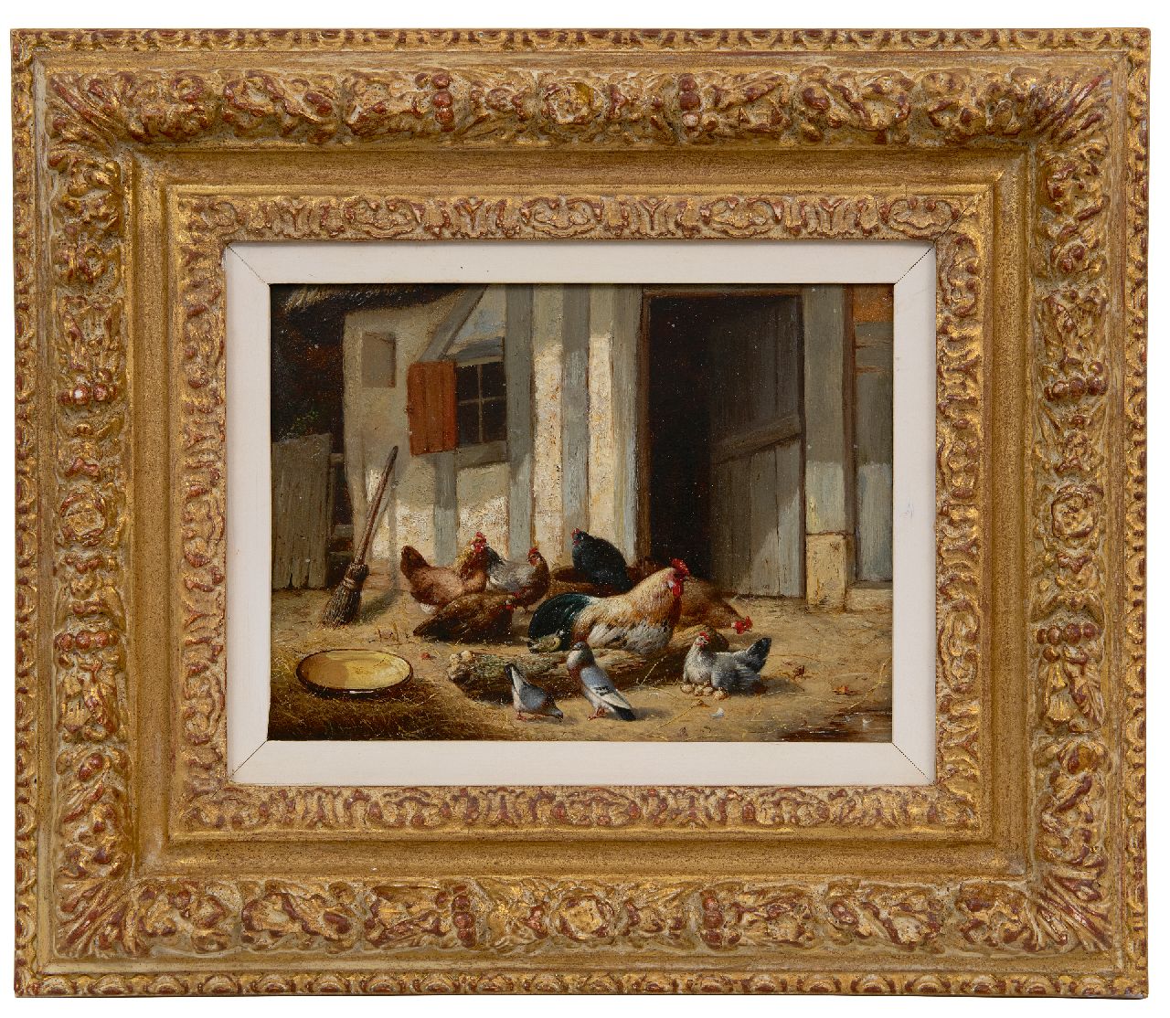 Maes E.R. | Eugène Remy Maes, Haan en kippen op het boerenerf, olieverf op paneel 17,8 x 24,0 cm, 1860 Maes E.R. | Eugène Remy Maes, Haan en kippen op het boerenerf, olieverf op paneel 17,8 x 24,0 cm, 1860