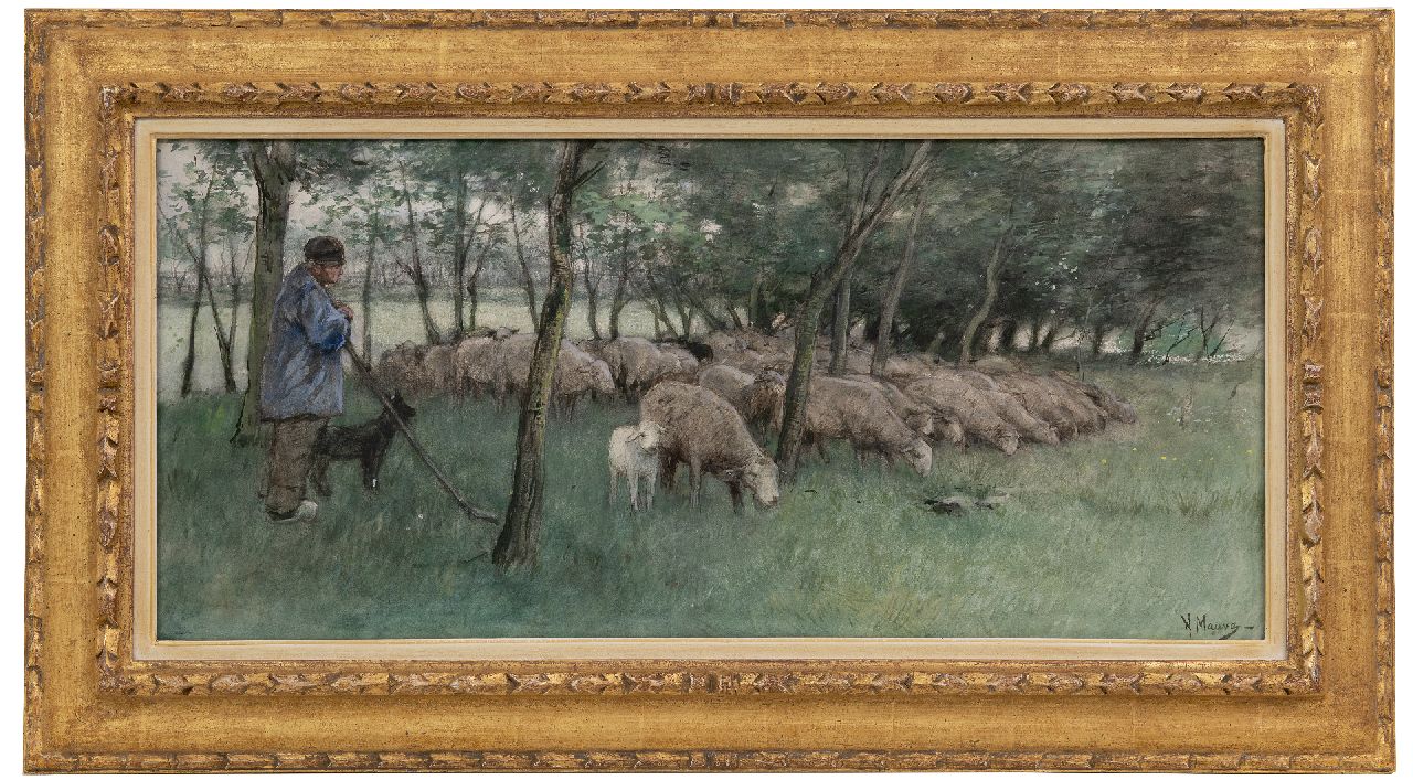 Mauve A. | Anthonij 'Anton' Mauve | Aquarellen en tekeningen te koop aangeboden | Schaapherder met grazende kudde, aquarel op papier 30,5 x 67,0 cm, gesigneerd rechtsonder en te dateren ca. 1877 Mauve A. | Anthonij 'Anton' Mauve | Aquarellen en tekeningen te koop aangeboden | Schaapherder met grazende kudde, aquarel op papier 30,5 x 67,0 cm, gesigneerd rechtsonder en te dateren ca. 1877