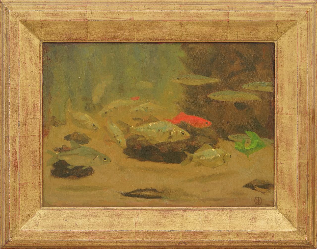 Dijsselhof G.W.  | Gerrit Willem Dijsselhof, Vissen in het aquarium van Artis, olieverf op doek 28,7 x 39,9 cm, gesigneerd rechtsonder met monogram