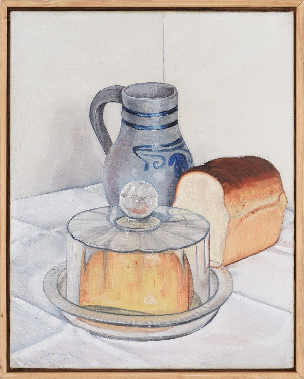 Lodeizen J. | Johannes 'Jo' Lodeizen, Stilleven met kan, witbrood en kaas onder stolp, olieverf op doek 50,4 x 40,2 cm, gesigneerd linksonder en gedateerd '33 Lodeizen J. | Johannes 'Jo' Lodeizen, Stilleven met kan, witbrood en kaas onder stolp, olieverf op doek 50,4 x 40,2 cm, gesigneerd linksonder en gedateerd '33