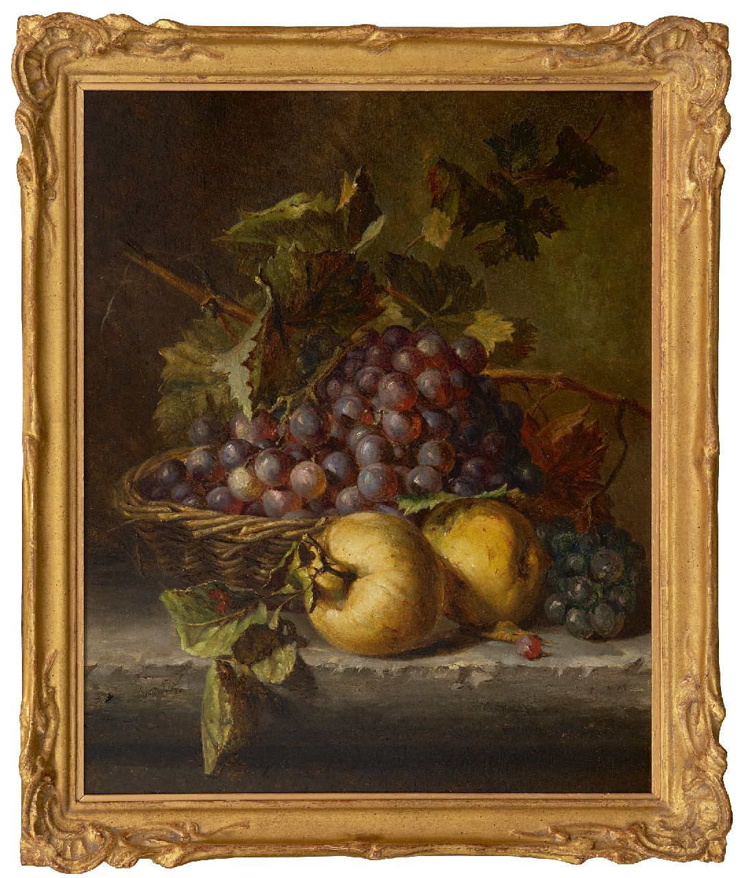 Haanen A.J. | 'Adriana' Johanna Haanen | Schilderijen te koop aangeboden | Stilleven met druiven in een rieten mandje, olieverf op paneel 44,0 x 35,7 cm, gesigneerd rechtsonder vaag en zonder lijst Haanen A.J. | 'Adriana' Johanna Haanen | Schilderijen te koop aangeboden | Stilleven met druiven in een rieten mandje, olieverf op paneel 44,0 x 35,7 cm, gesigneerd rechtsonder vaag en zonder lijst