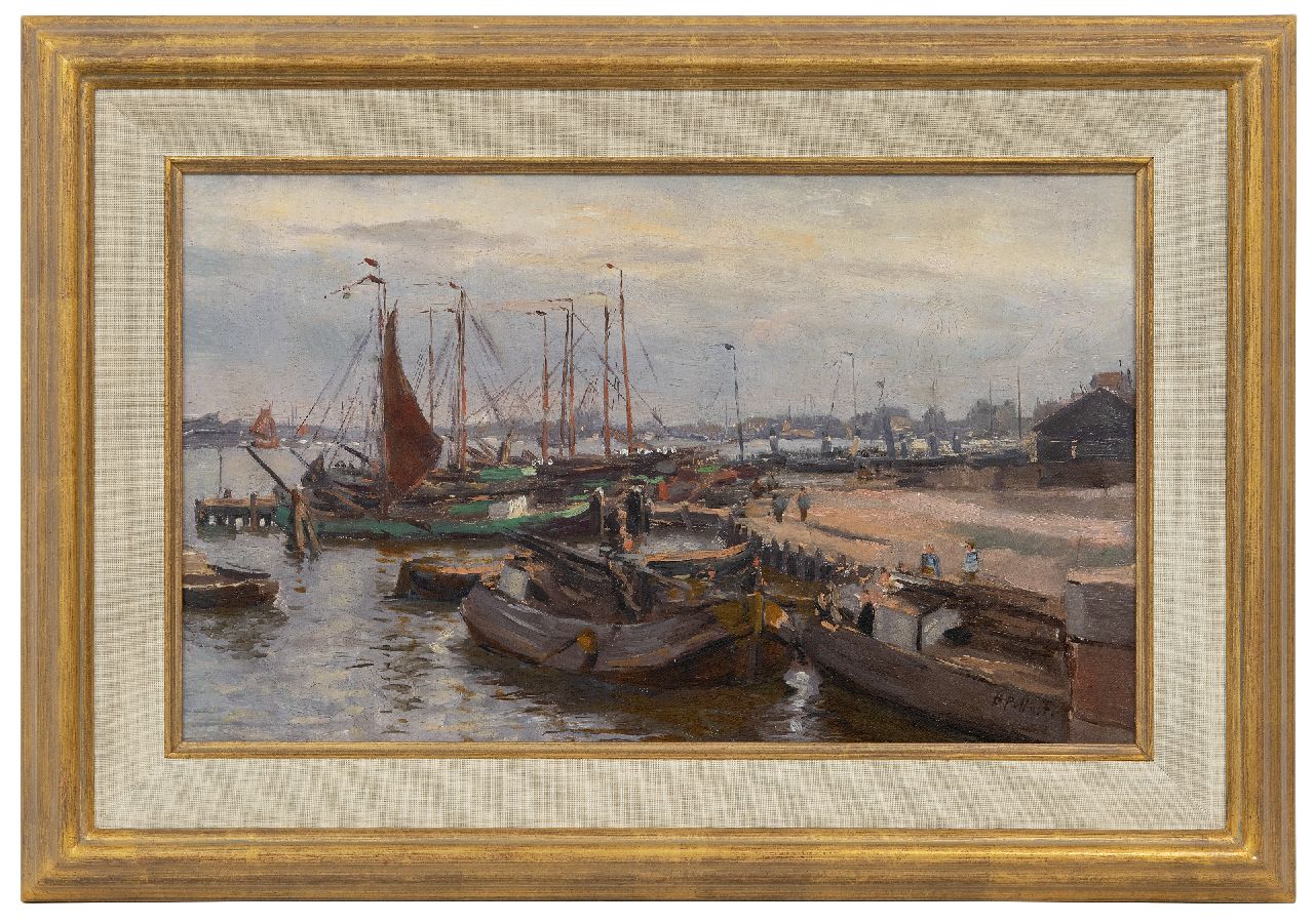 Pothast B.J.C. | 'Bernard' Jean Corneille Pothast | Schilderijen te koop aangeboden | Bedrijvig havengezicht met afgemeerde platbodems, olieverf op doek op paneel 26,0 x 44,0 cm, gesigneerd rechtsonder Pothast B.J.C. | 'Bernard' Jean Corneille Pothast | Schilderijen te koop aangeboden | Bedrijvig havengezicht met afgemeerde platbodems, olieverf op doek op paneel 26,0 x 44,0 cm, gesigneerd rechtsonder