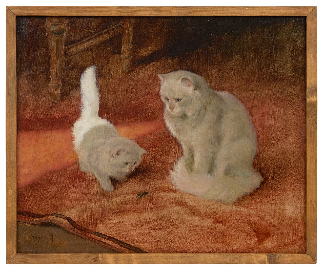 Heyer A.  | Arthur Heyer | Schilderijen te koop aangeboden | Angora kat en kitten met een kevertje, olieverf op board op doek 56,2 x 68,0 cm, gesigneerd linksonder