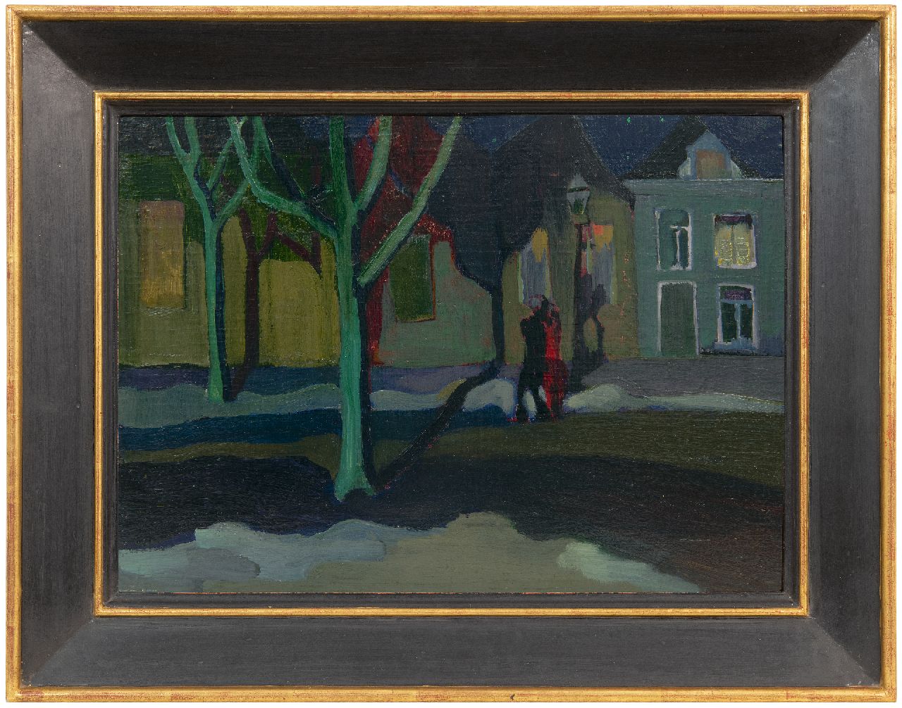 Martens G.G.  | Gijsbert 'George' Martens, Gearmd paar op het Groningse Kattendiep bij avond, olieverf op paneel 31,0 x 42,5 cm, gesigneerd verso en te dateren ca. 1925