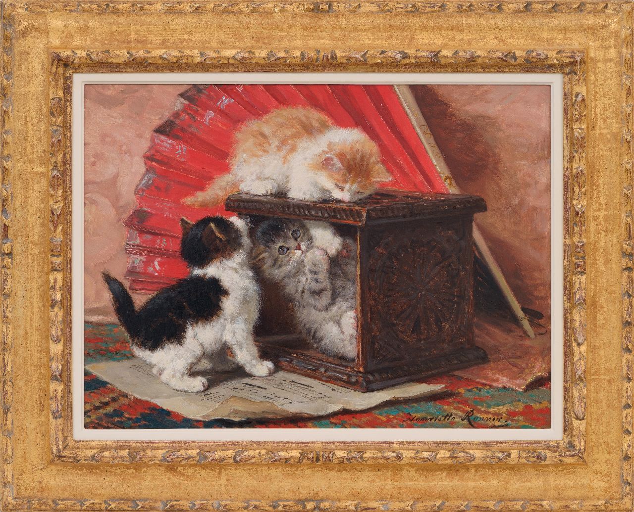Ronner-Knip H.  | Henriette Ronner-Knip, Stilleben mit drei spielende Kätzchen, Öl auf Holz 33,3 x 44,7 cm, Unterzeichnet u.r.