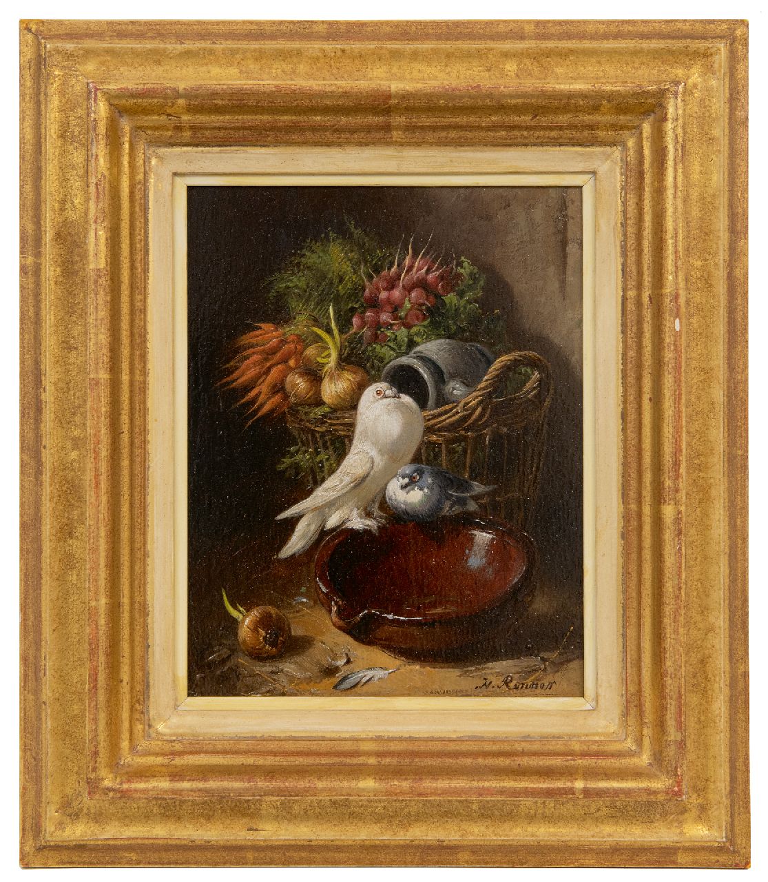 Ronner-Knip H.  | Henriette Ronner-Knip | Schilderijen te koop aangeboden | Sierduiven bij een mand met groente, olieverf op paneel 18,9 x 15,5 cm, gesigneerd rechtsonder