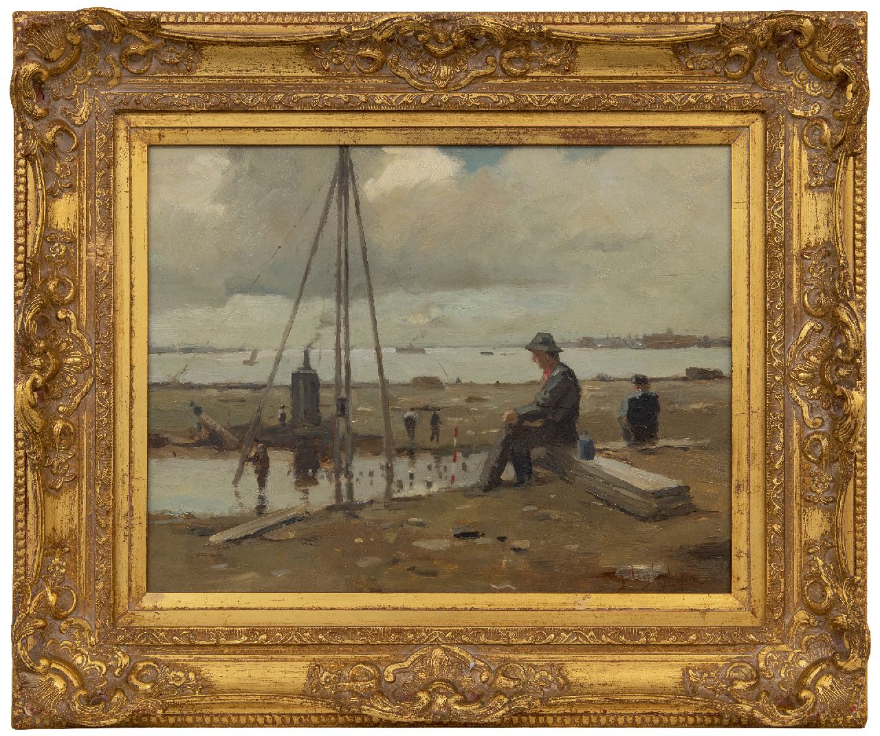 Ligtelijn E.J.  | Evert Jan Ligtelijn | Schilderijen te koop aangeboden | Schafttijd bij de bouwput, olieverf op paneel 35,4 x 45,8 cm, gesigneerd rechtsonder