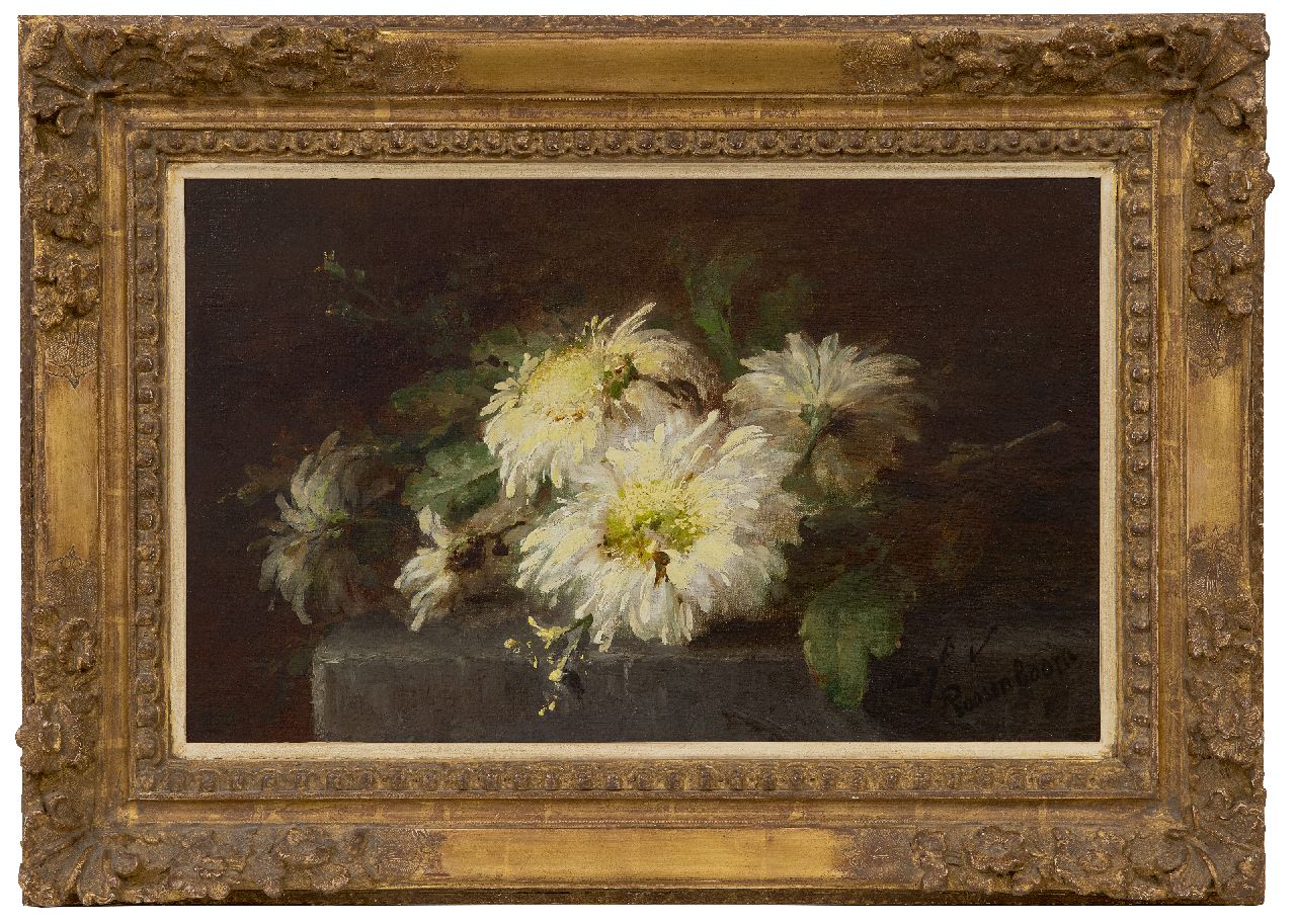 Roosenboom M.C.J.W.H.  | 'Margaretha' Cornelia Johanna Wilhelmina Henriëtta Roosenboom | Schilderijen te koop aangeboden | Chrysanten op een stenen plint, olieverf op doek 35,7 x 56,4 cm, gesigneerd rechtsonder