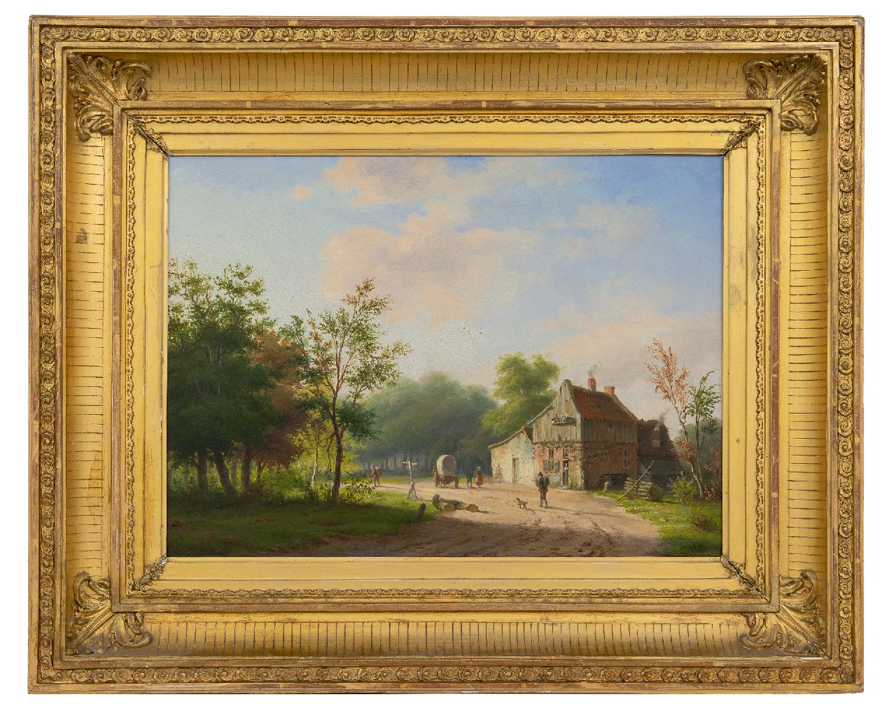 Koekkoek I M.A. | Marinus Adrianus Koekkoek I | Schilderijen te koop aangeboden | Landweg met boerenhuis en figuren, olieverf op paneel 28,3 x 38,8 cm, gesigneerd middenonder Koekkoek I M.A. | Marinus Adrianus Koekkoek I | Schilderijen te koop aangeboden | Landweg met boerenhuis en figuren, olieverf op paneel 28,3 x 38,8 cm, gesigneerd middenonder