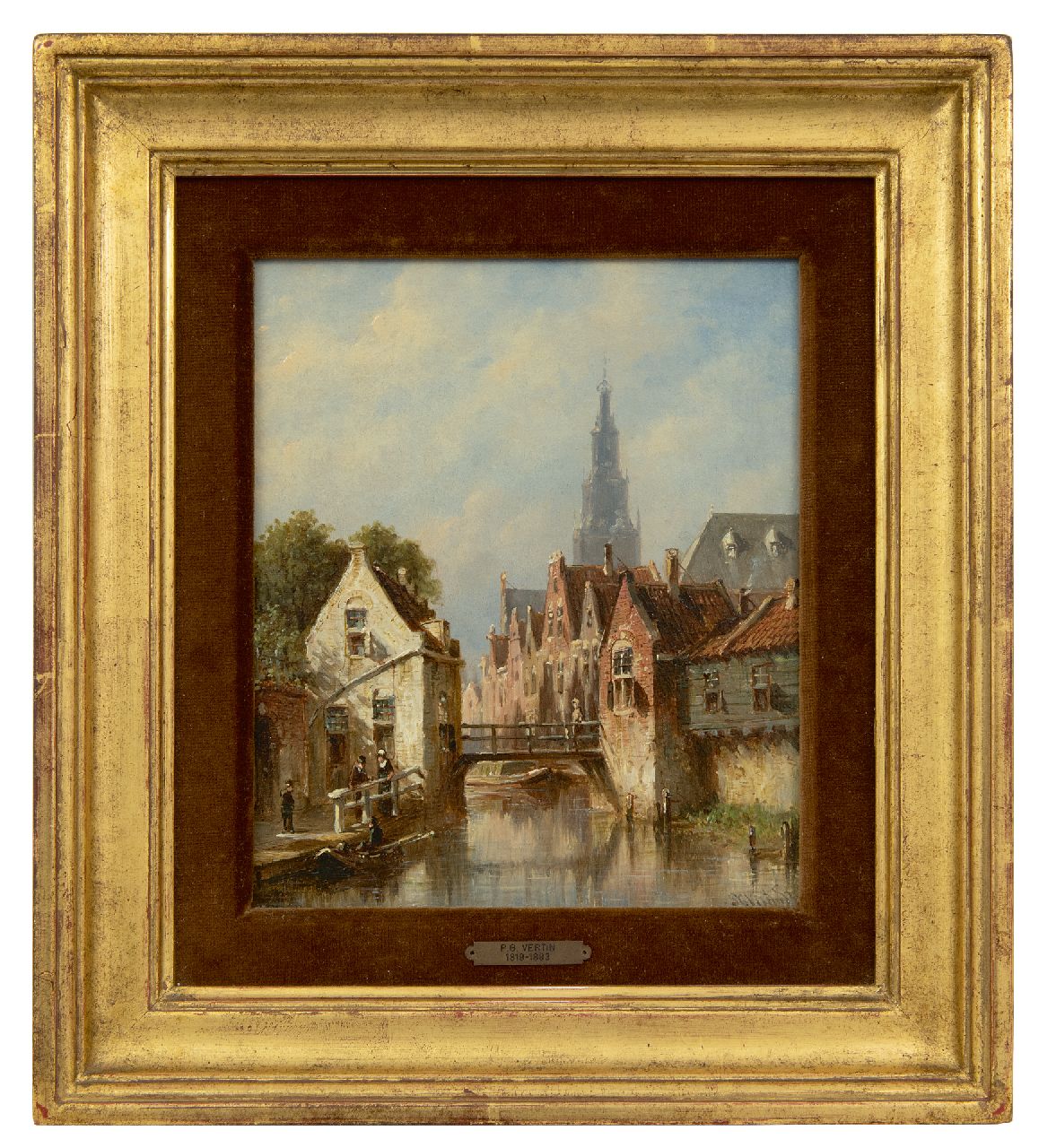 Vertin P.G.  | Petrus Gerardus Vertin, Zonnig stadsgrachtje, de Alkmaarse Waagtoren op de achtergrond, olieverf op paneel 22,7 x 19,4 cm, gesigneerd rechtsonder en verso gedateerd 1881