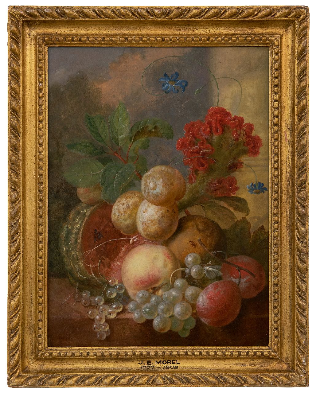 Morel I J.E.  | Jan Evert Morel I | Schilderijen te koop aangeboden | Fruitstilleven, olieverf op paneel 36,8 x 27,4 cm, gesigneerd rechtsonder