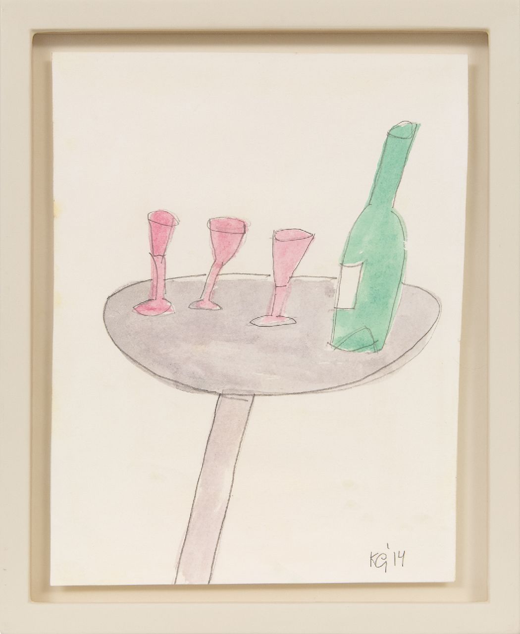 Gubbels K.  | Klaas Gubbels | Aquarellen en tekeningen te koop aangeboden | Glazen en fles op een tafel, potlood en aquarel op papier 26,5 x 21,0 cm, gesigneerd rechtsonder met initialen en gedateerd '14