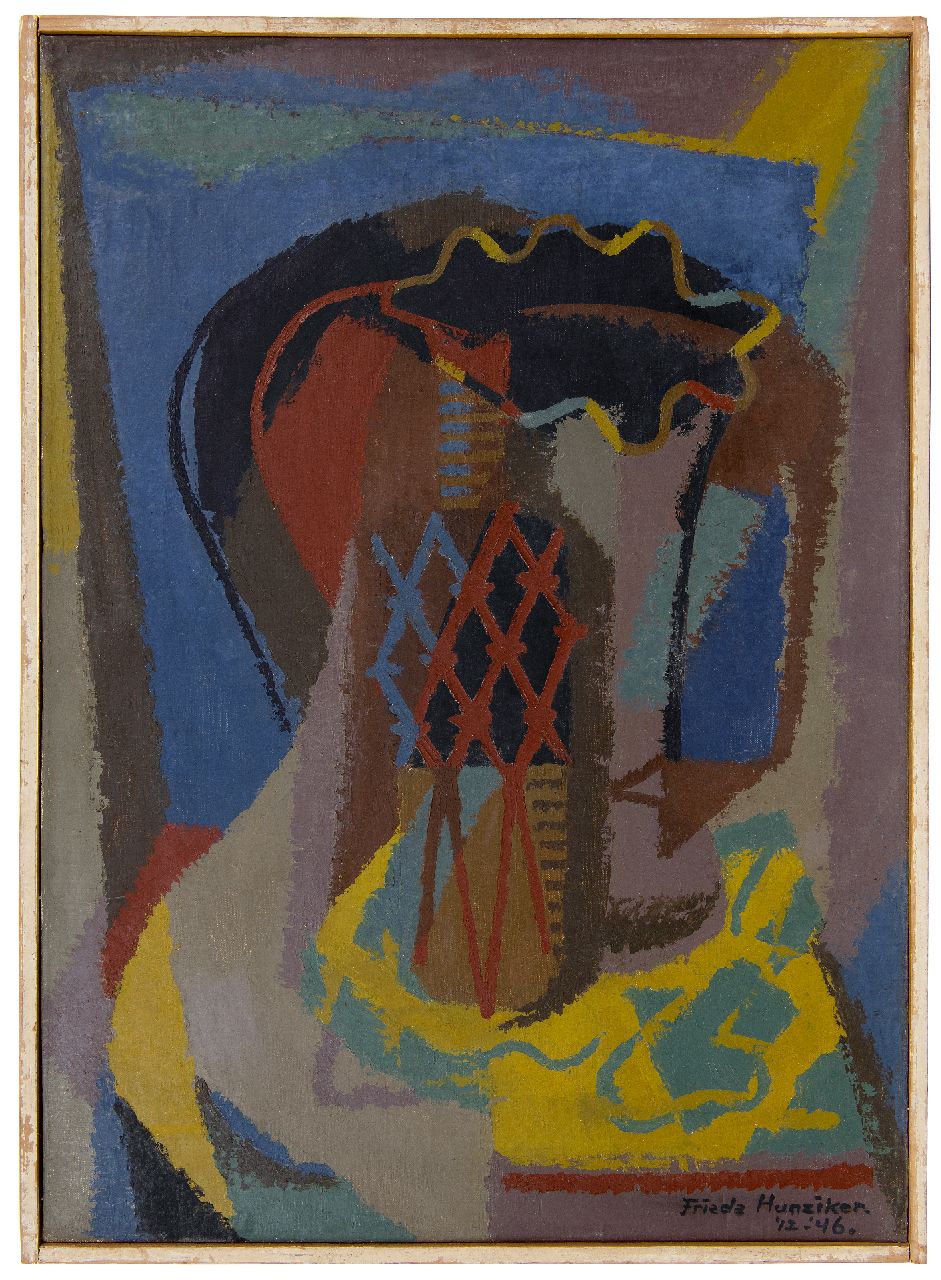 Hunziker F.  | Frieda Hunziker, Stilleven met vaas en fles, olieverf op doek 69,8 x 49,7 cm, gesigneerd rechtsonder en gedateerd '12-'46.