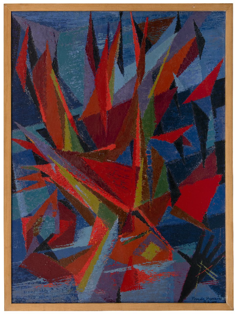 Hunziker F.  | Frieda Hunziker, Compositie met schepen, olieverf op doek 100,2 x 75,7 cm, gesigneerd rechtsonder en verso en gedateerd 8.1.47