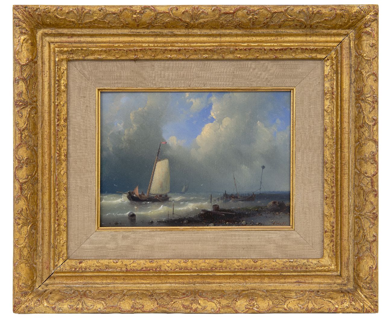 Hulk A. | Abraham Hulk, Schip voor de haven bij zwaar weer, olieverf op paneel 14,5 x 20,2 cm, gesigneerd rechtsonder Hulk A. | Abraham Hulk, Schip voor de haven bij zwaar weer, olieverf op paneel 14,5 x 20,2 cm, gesigneerd rechtsonder