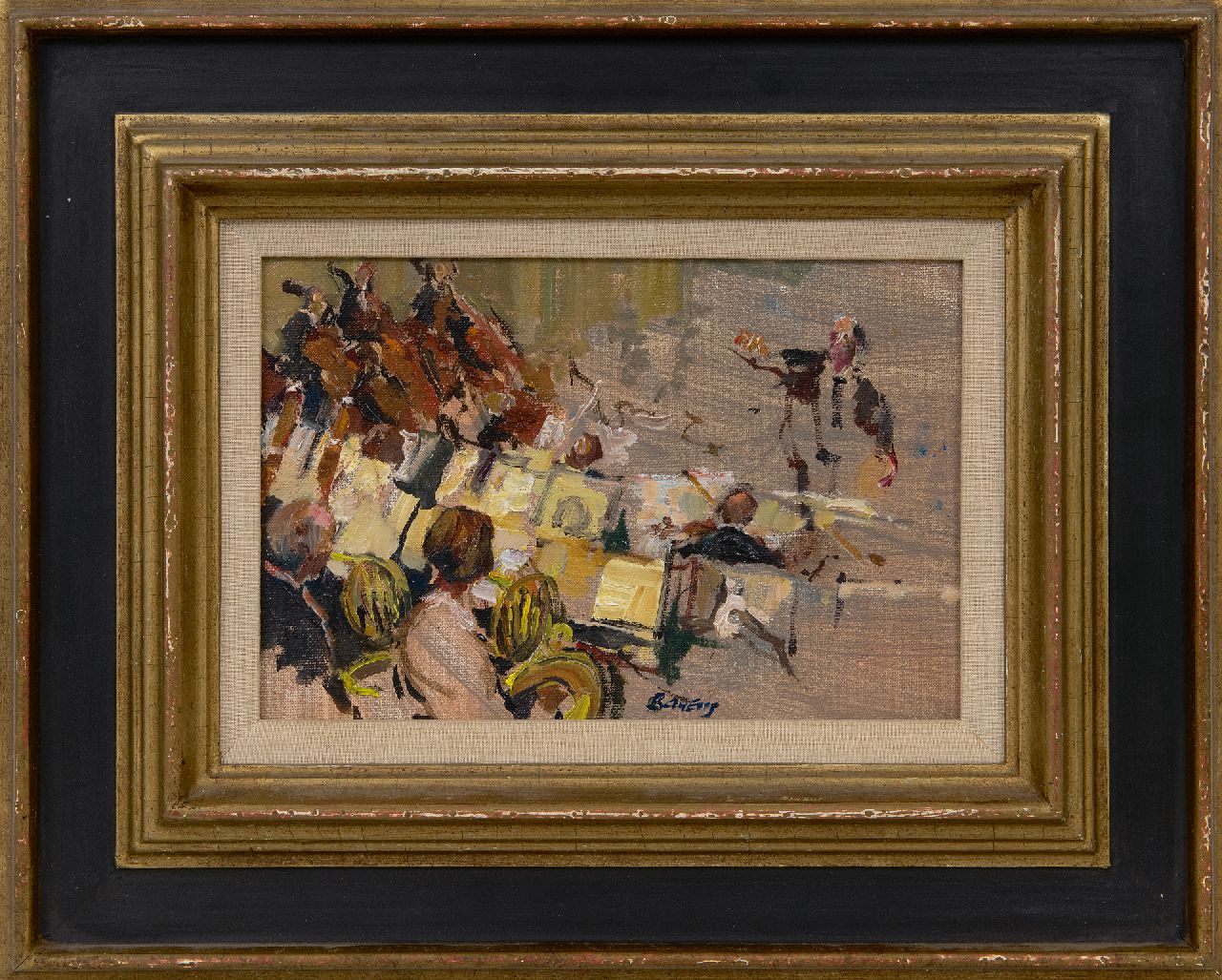 Bayens H.  | Hans Bayens | Schilderijen te koop aangeboden | Het concertgebouworkest onder leiding van Carlo M. Giulini, olieverf op schildersboard 16,5 x 24,4 cm, gesigneerd rechtsonder