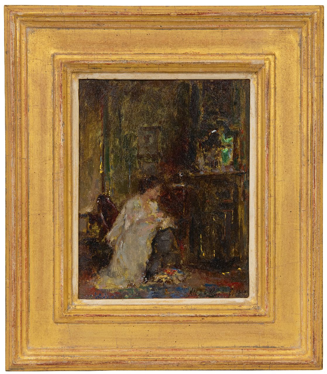 Roelofs O.W.A.  | Otto Willem Albertus 'Albert' Roelofs | Gemälde zum Verkauf angeboten | Frau in einem Innenraum, Öl auf Holz 17,8 x 13,8 cm, Unterzeichnet u.r. und datiert 1914