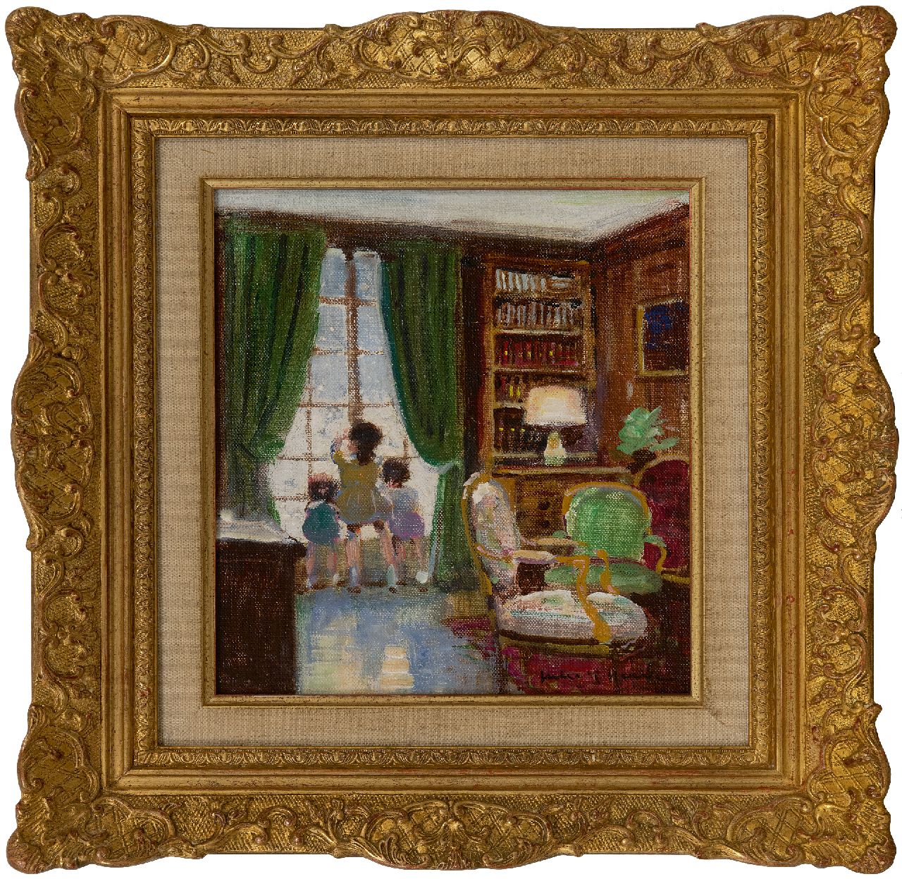 Hervé J.R.  | Jules René Hervé | Schilderijen te koop aangeboden | Enfants fenêtré, olieverf op doek 27,4 x 22,4 cm, gesigneerd rechtsonder en verso