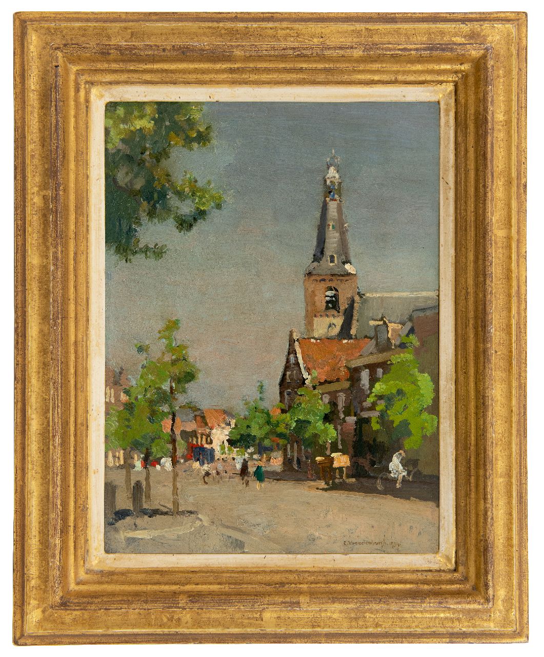 Vreedenburgh C.  | Cornelis Vreedenburgh, Gezicht op Weesp met de toren van de Laurenskerk, olieverf op paneel 28,5 x 21,3 cm, gesigneerd rechtsonder en gedateerd 1934